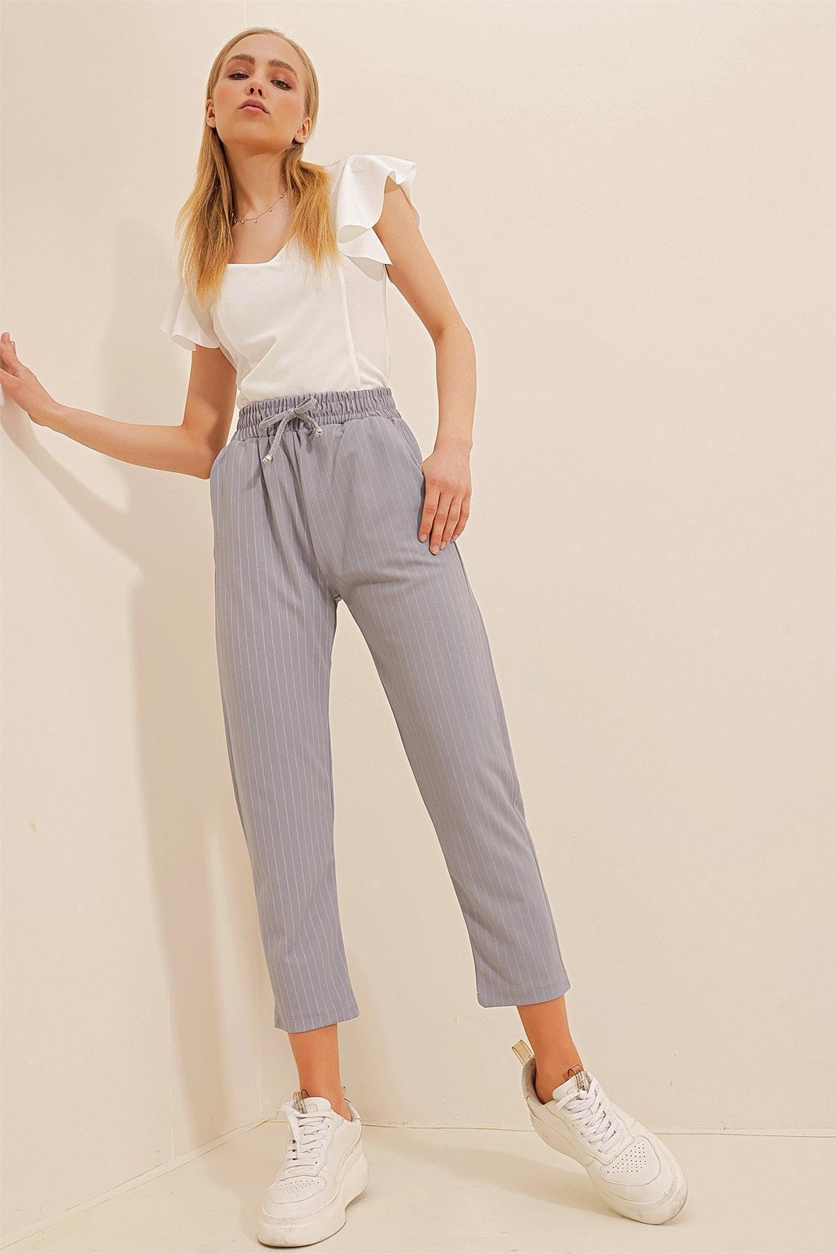 Grey High Waist Striped Pants, Grey, large image number 2