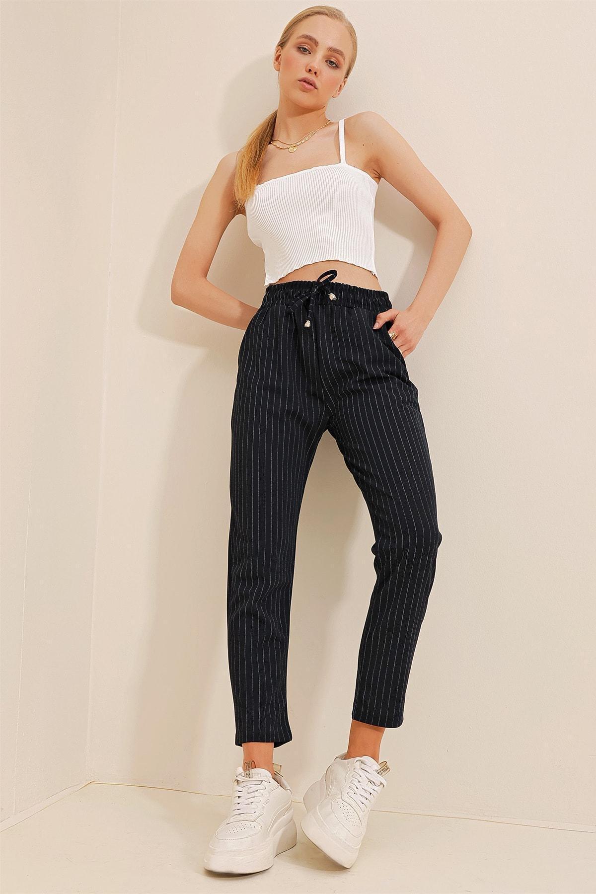 Navy High Waist Striped Pants, , large image number 0