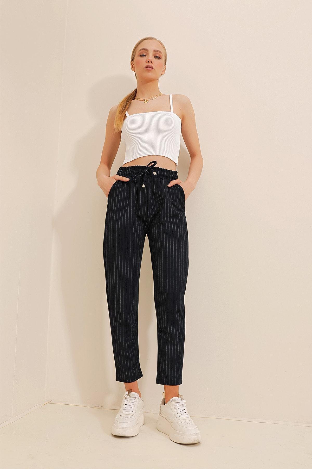Navy High Waist Striped Pants, , large image number 2