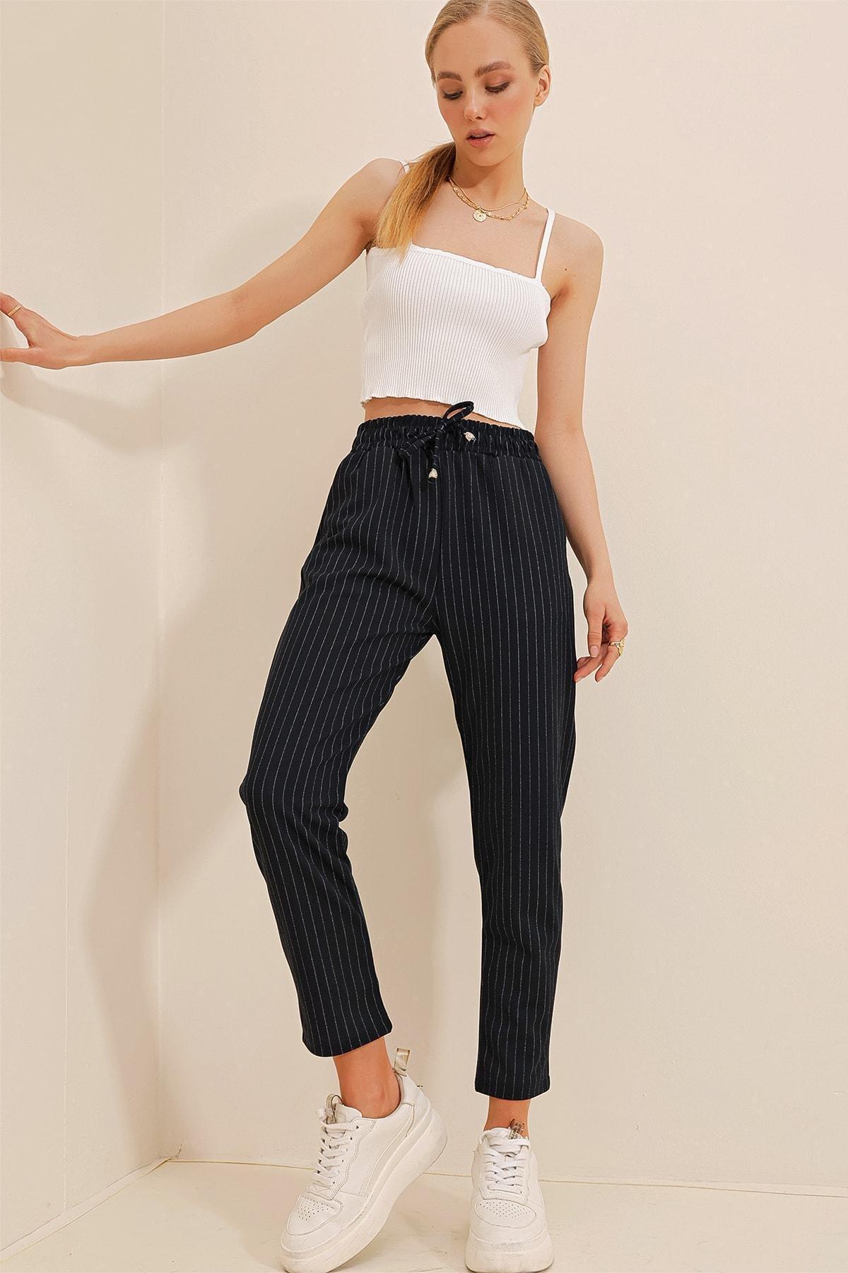 Navy High Waist Striped Pants, , large image number 3