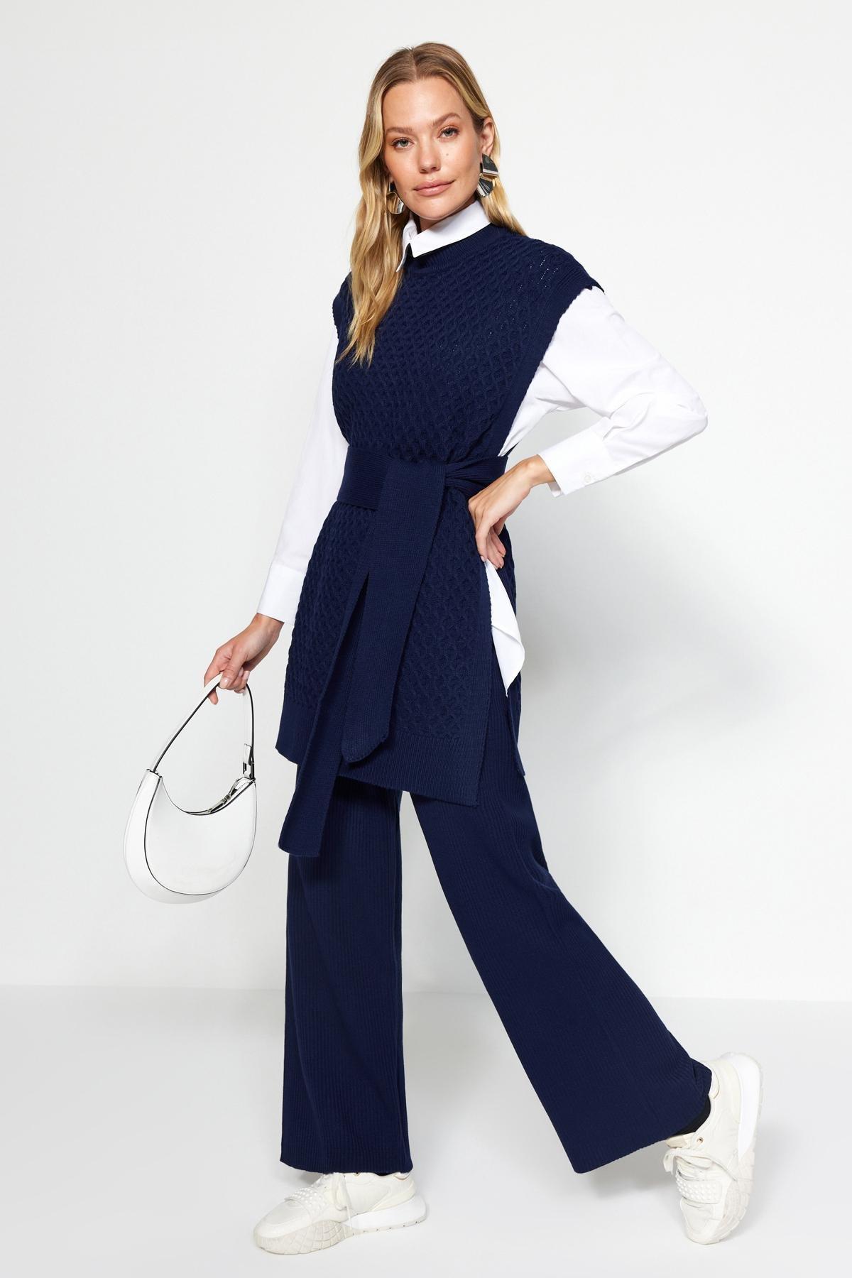 Navy Belted Brass Knitted Co-Ord Set, , large image number 0