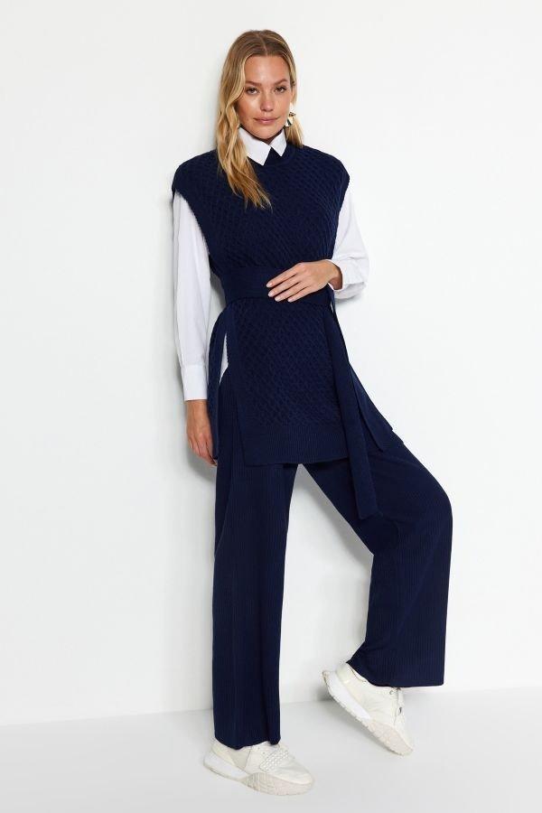 Navy Belted Brass Knitted Co-Ord Set, , large image number 4