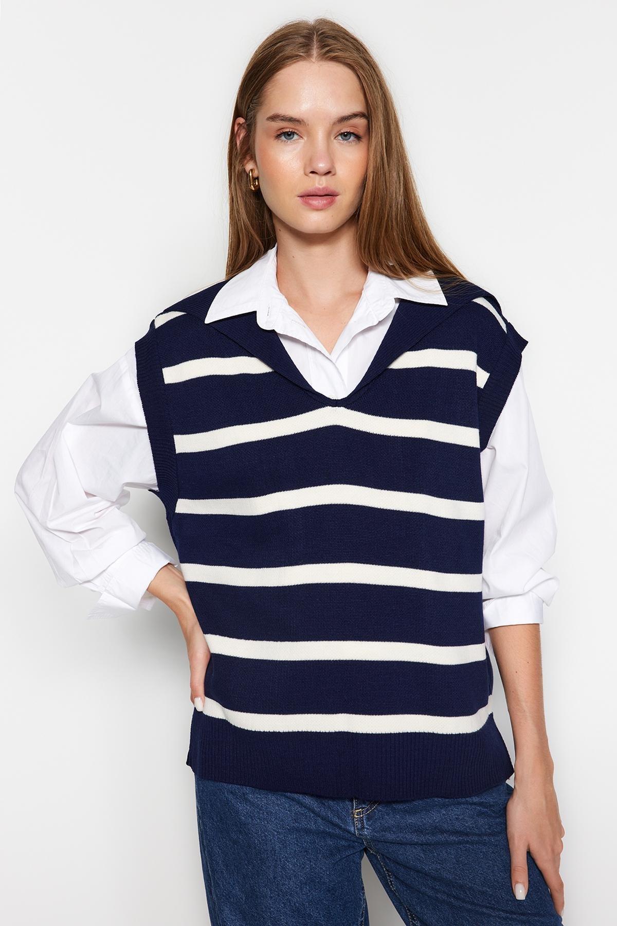 Trendyol - Navy Striped Collar Knitwear Sweater