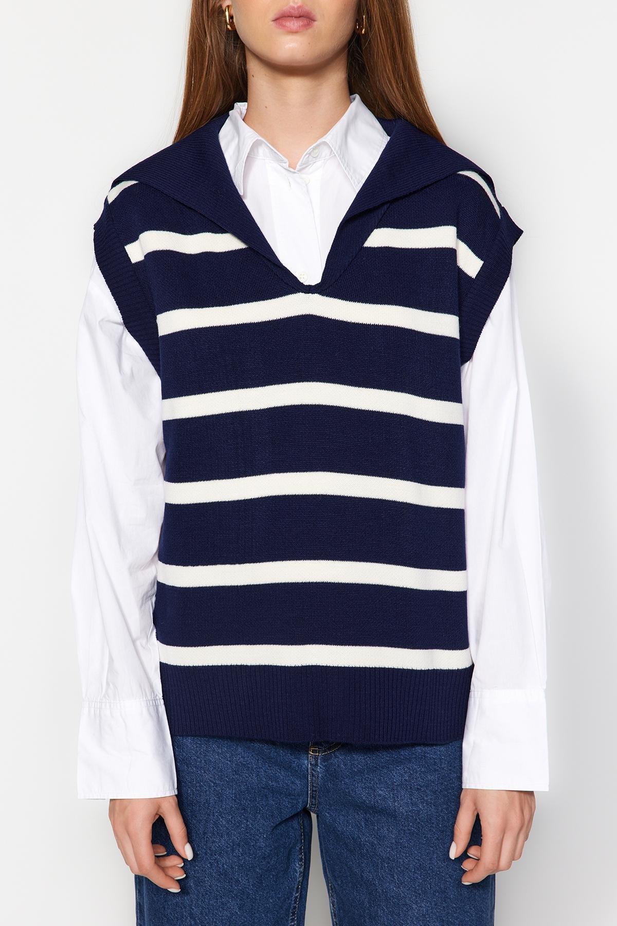 Trendyol - Navy Striped Collar Knitwear Sweater