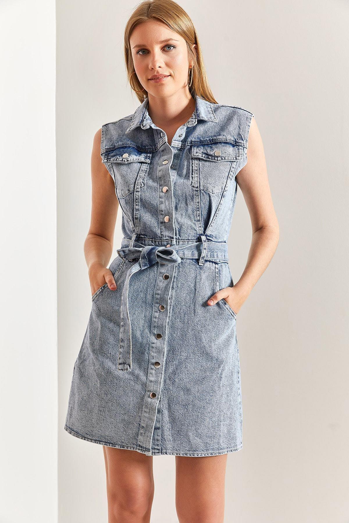 Blue Belted Snap Fastener Denim Dress, , large image number 0