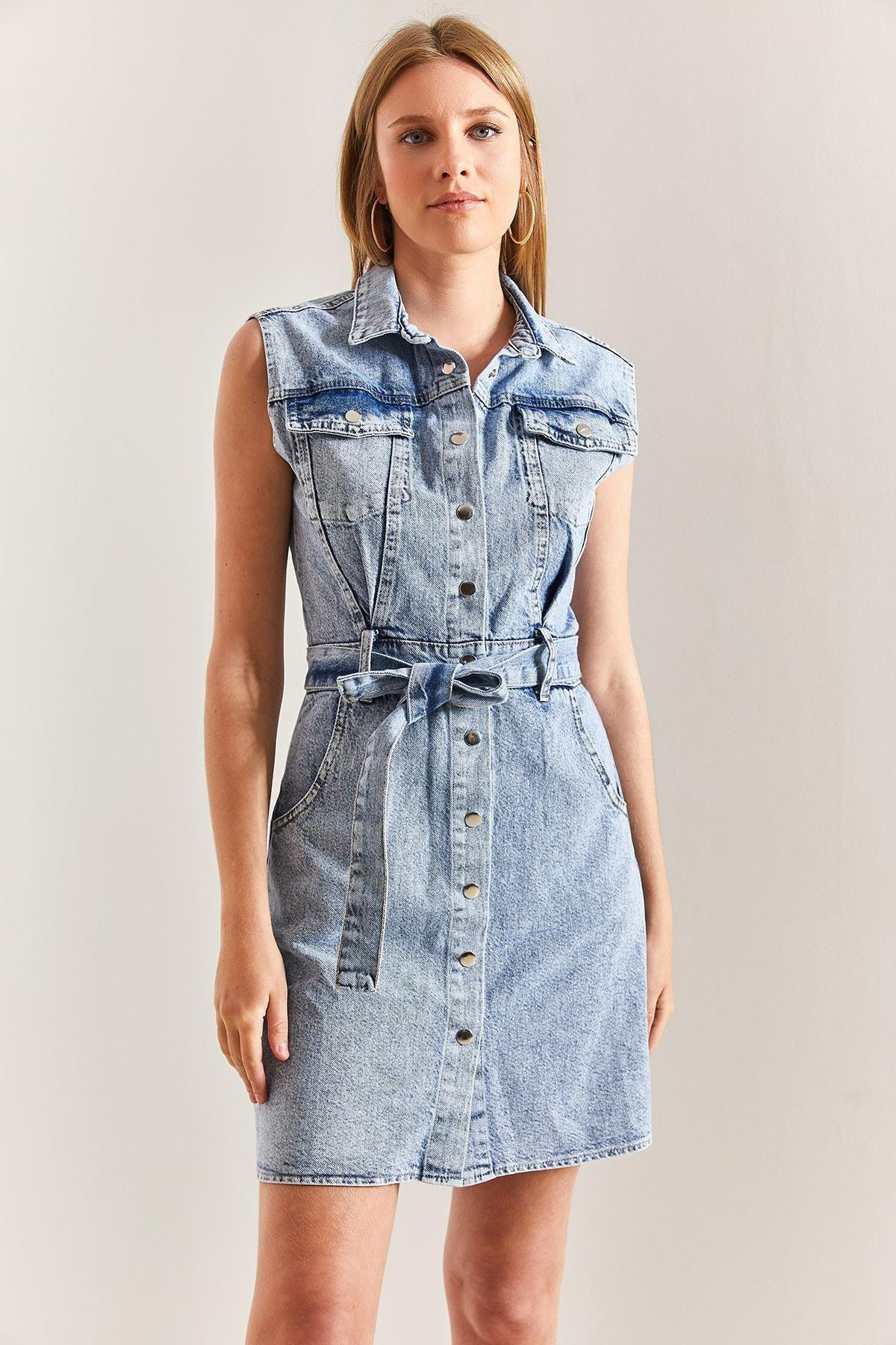 Blue Belted Snap Fastener Denim Dress, , large image number 1