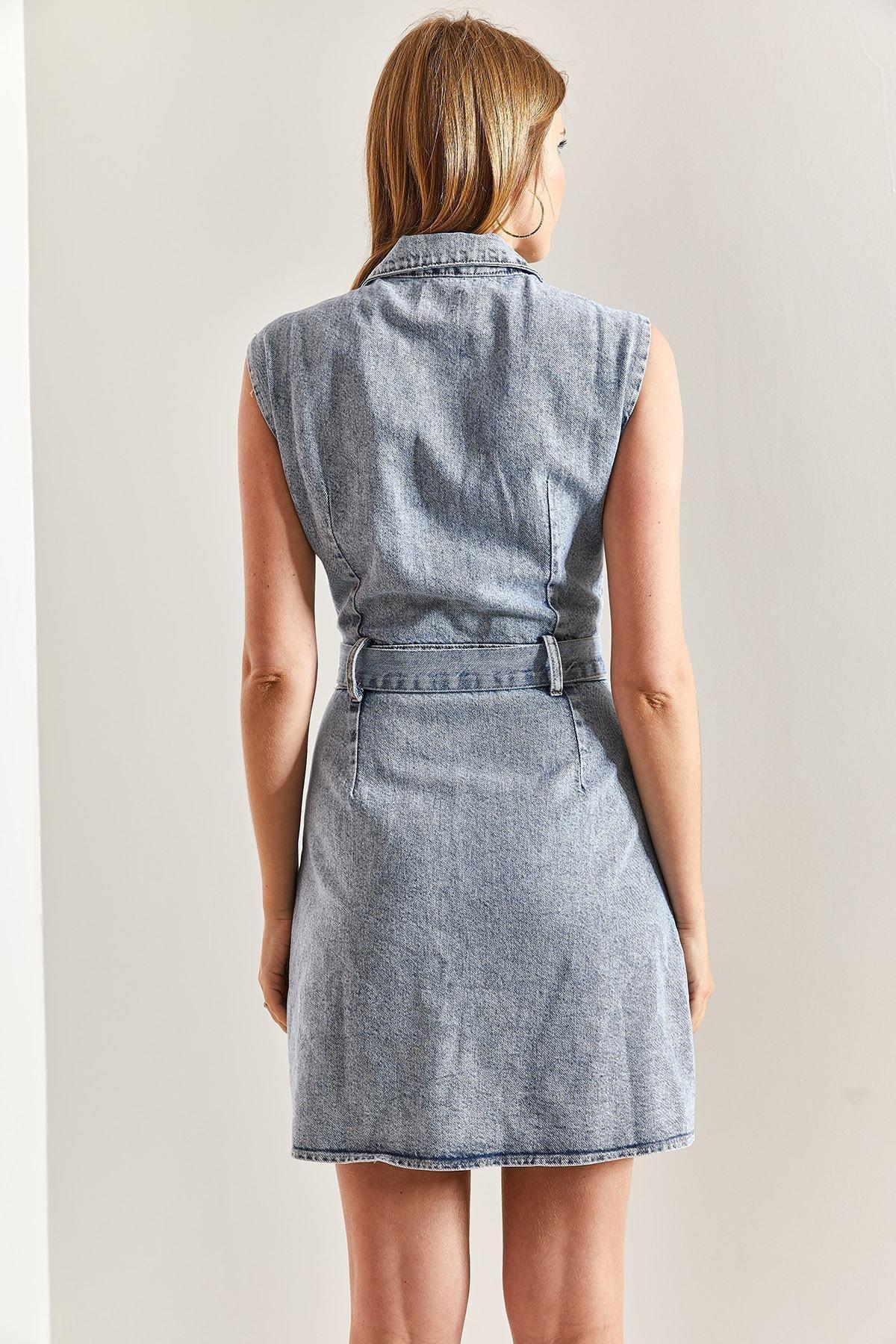 Blue Belted Snap Fastener Denim Dress, , large image number 2