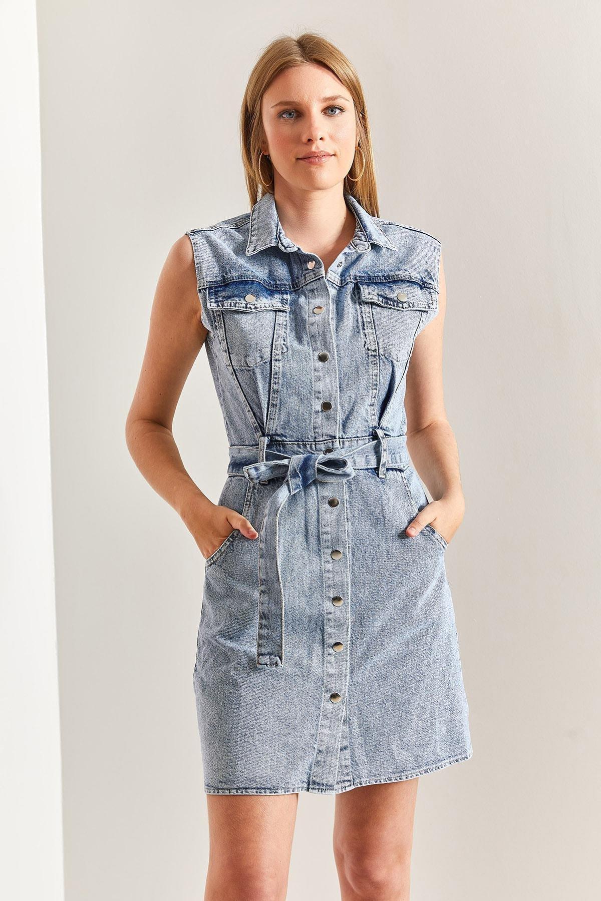 Blue Belted Snap Fastener Denim Dress, , large image number 4