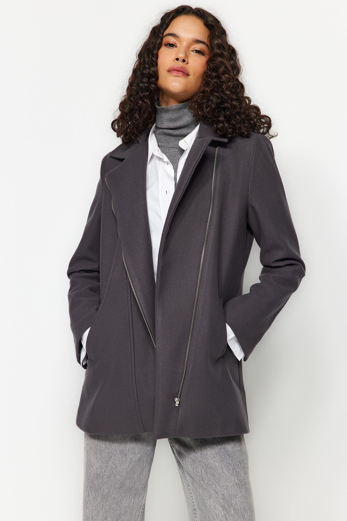Grey Zippered Pocketed Coat, , large image number 0