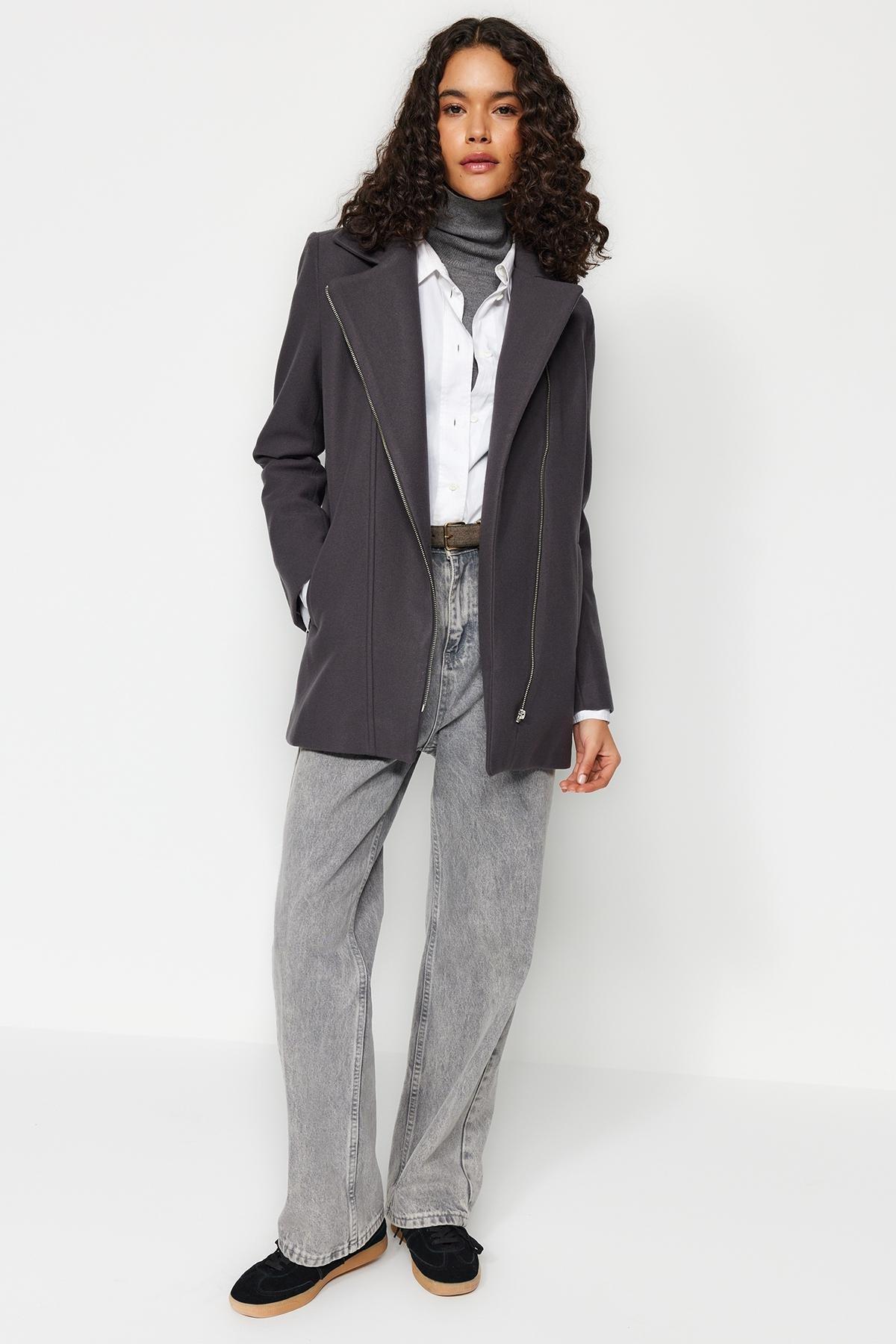 Grey Zippered Pocketed Coat, , large image number 1
