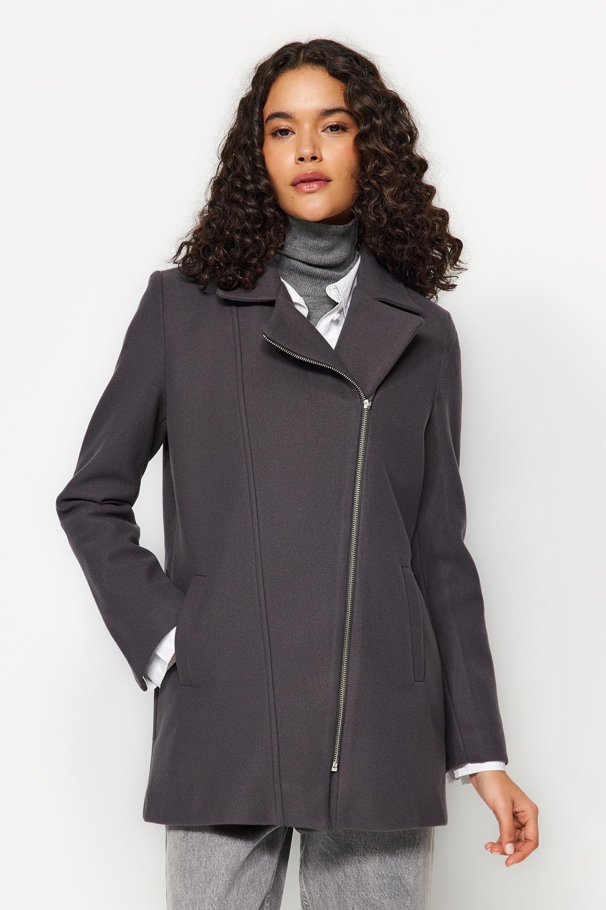Grey Zippered Pocketed Coat, , large image number 2