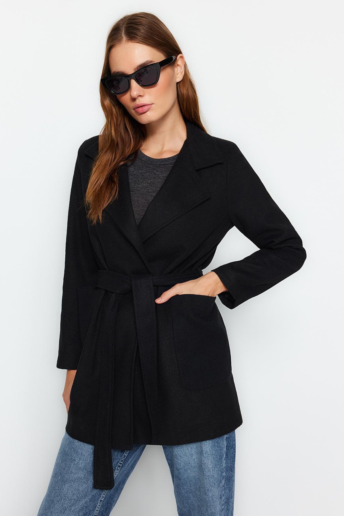 Black Belted Woolen Cachet Coat, BLACK, large image number 0