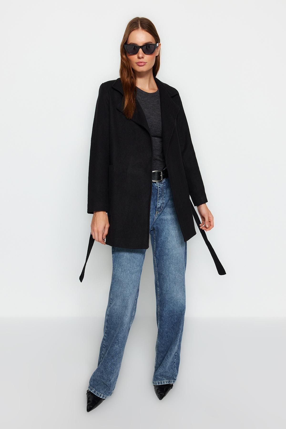 Black Belted Woolen Cachet Coat, BLACK, large image number 1