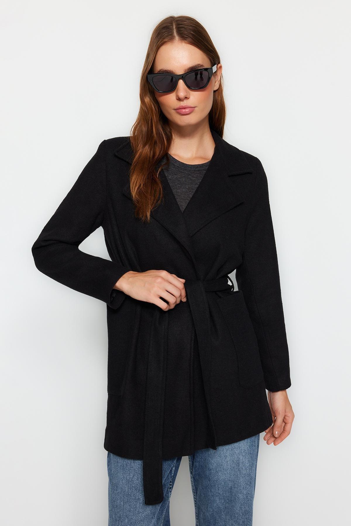 Black Belted Woolen Cachet Coat, BLACK, large image number 2