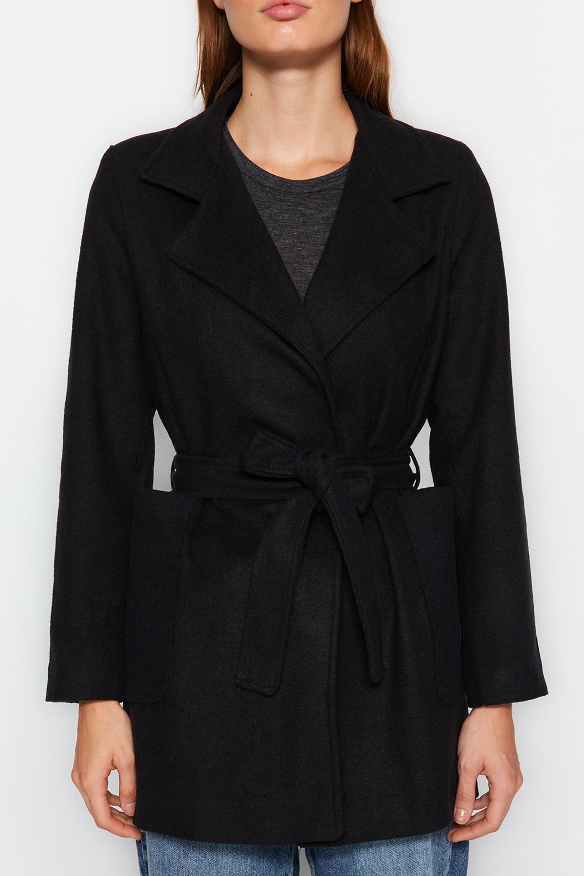 Black Belted Woolen Cachet Coat, BLACK, large image number 3