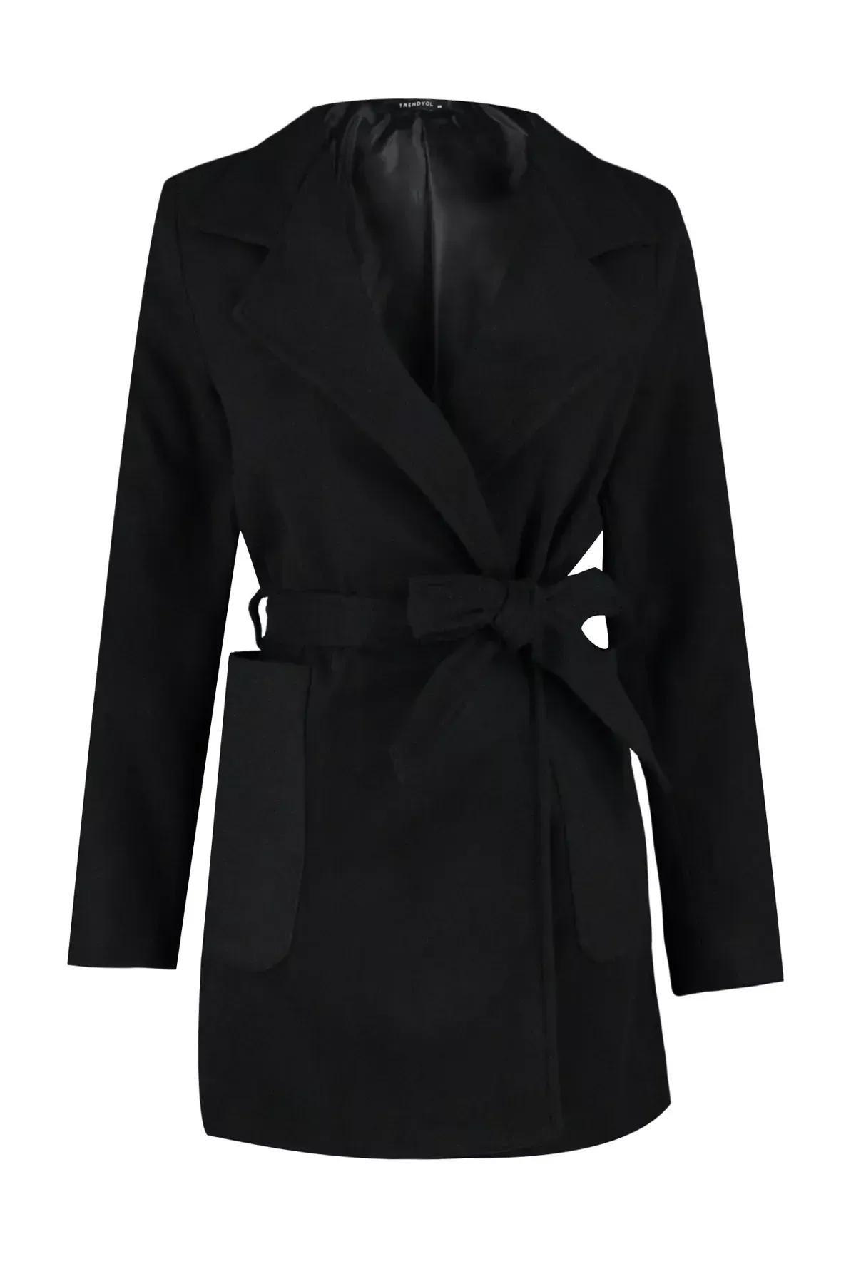 Black Belted Woolen Cachet Coat, BLACK, large image number 4