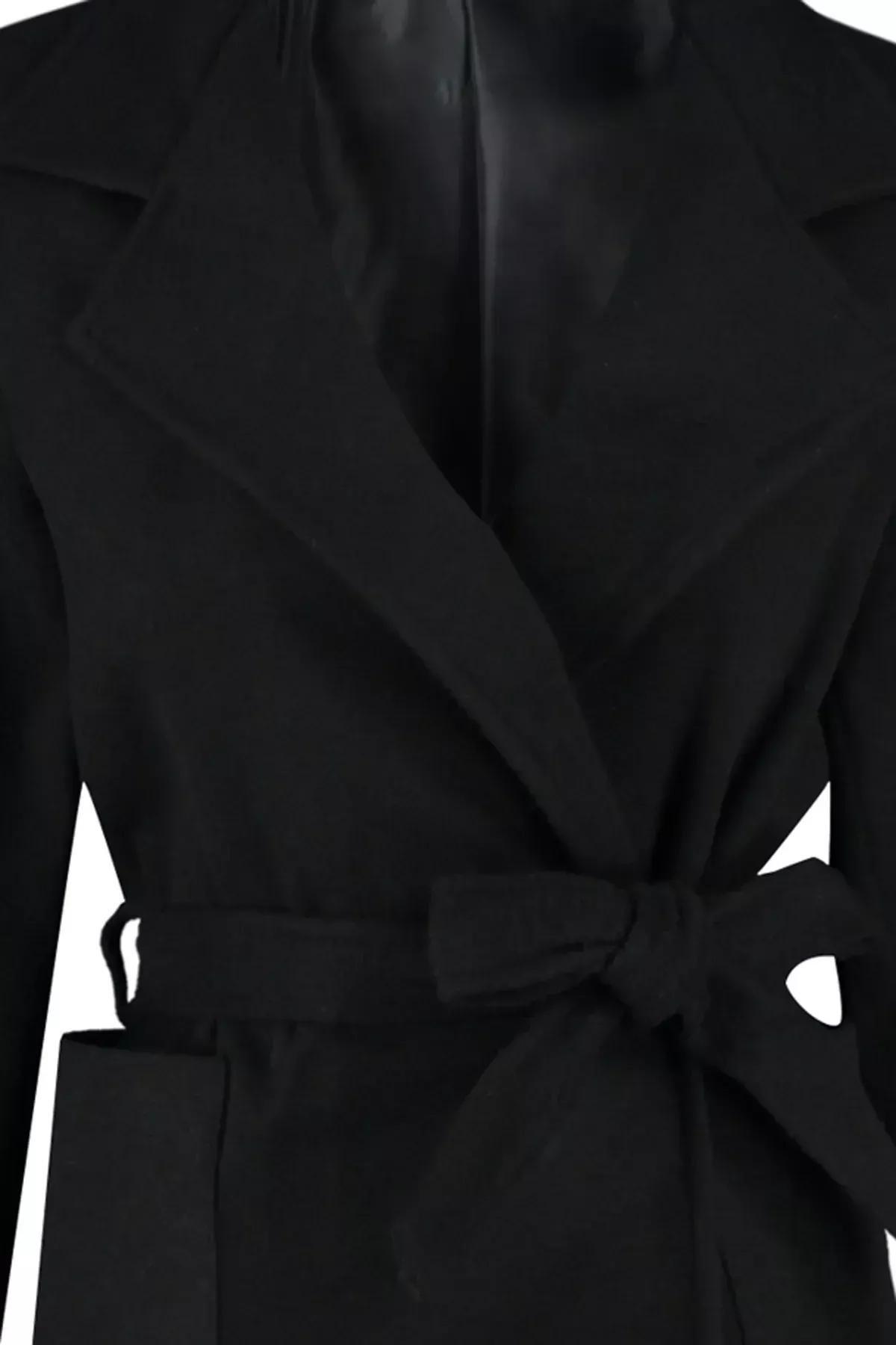 Black Belted Woolen Cachet Coat, BLACK, large image number 5
