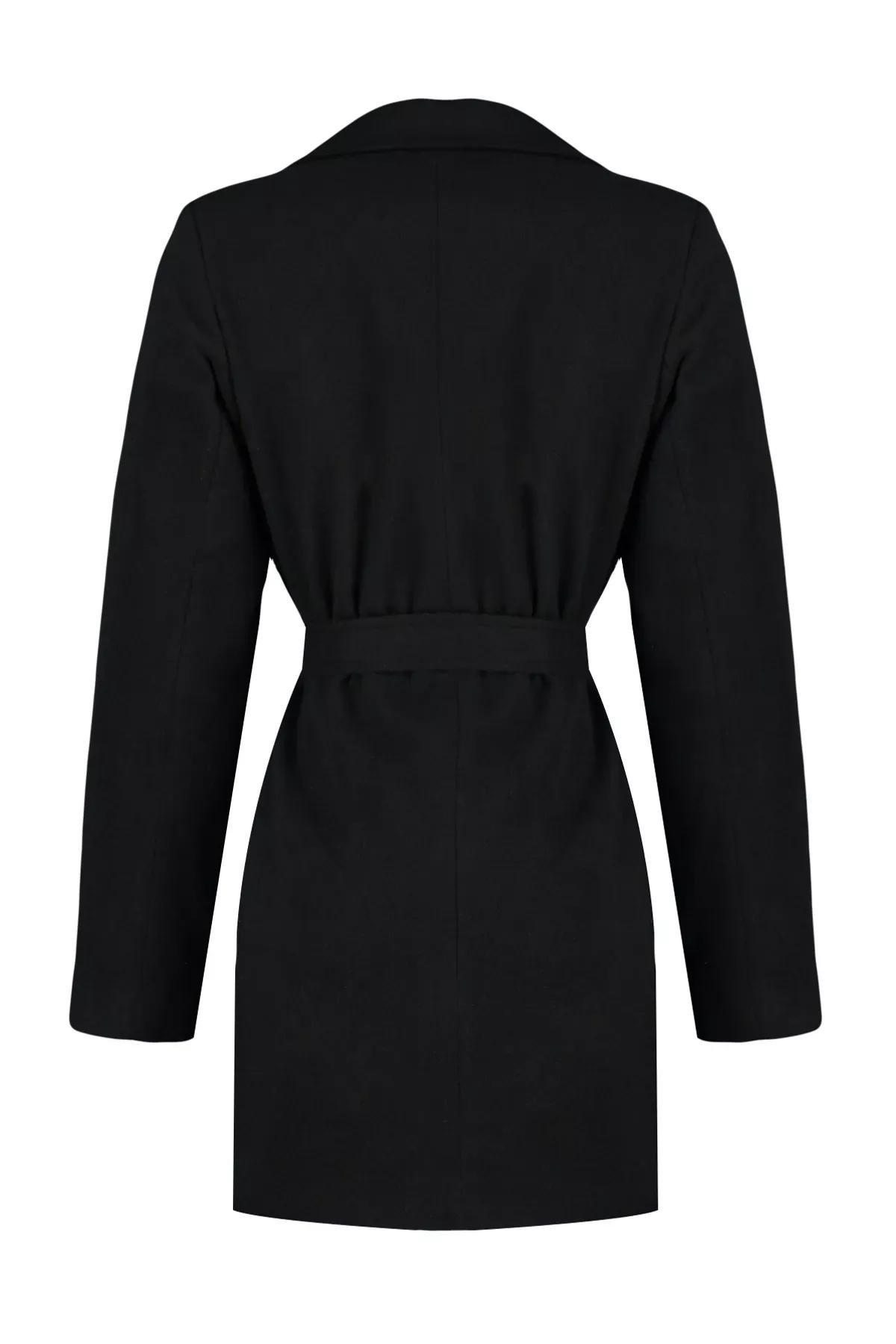 Black Belted Woolen Cachet Coat, BLACK, large image number 6