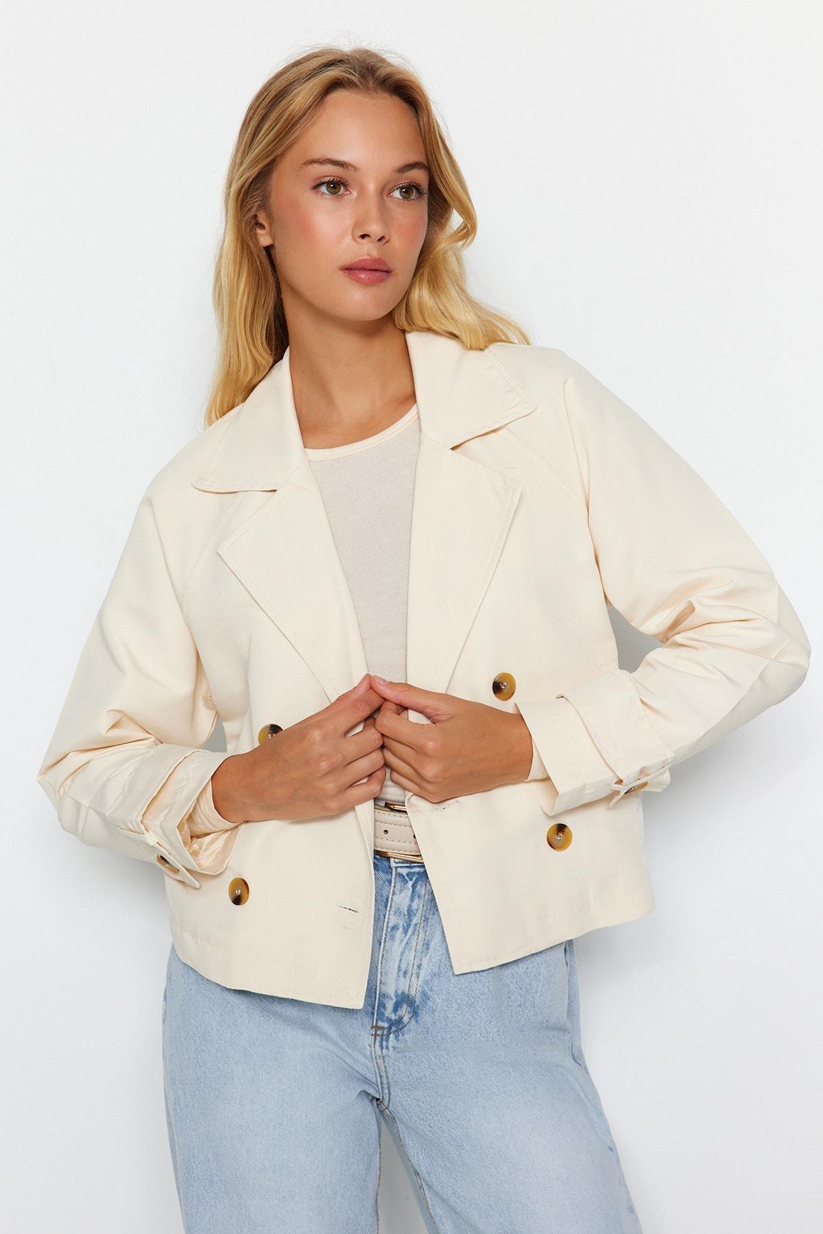 Cream Oversize Crop Water-Repellent Trench Coat, , large image number 1