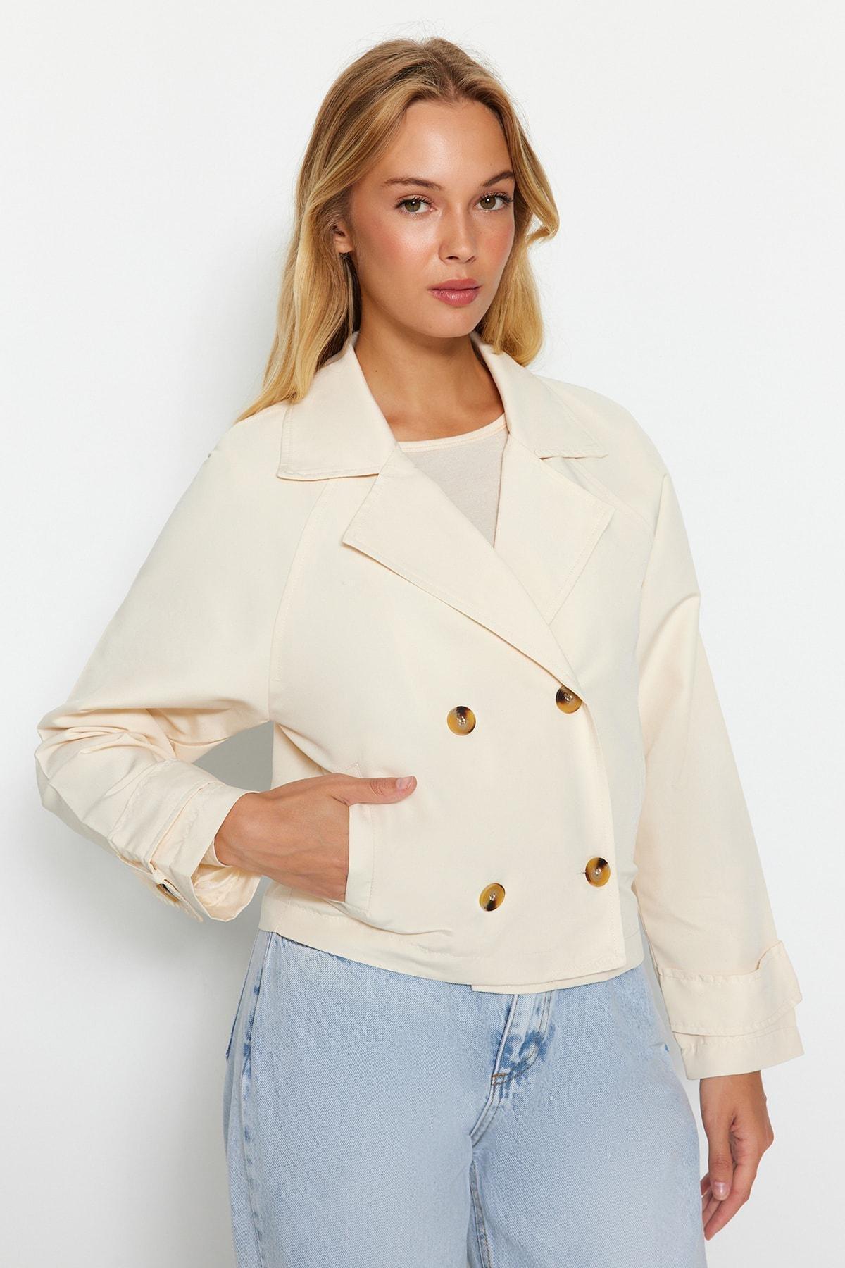 Cream Oversize Crop Water-Repellent Trench Coat, , large image number 2