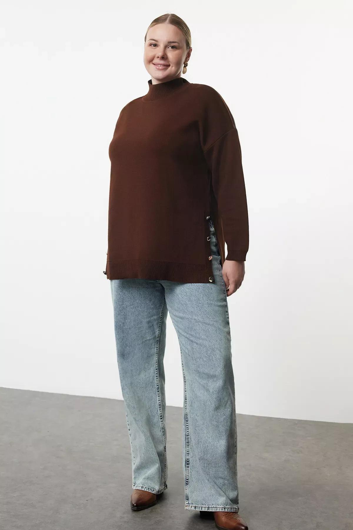 Brown Button Turtleneck Knit Sweater, , large image number 0