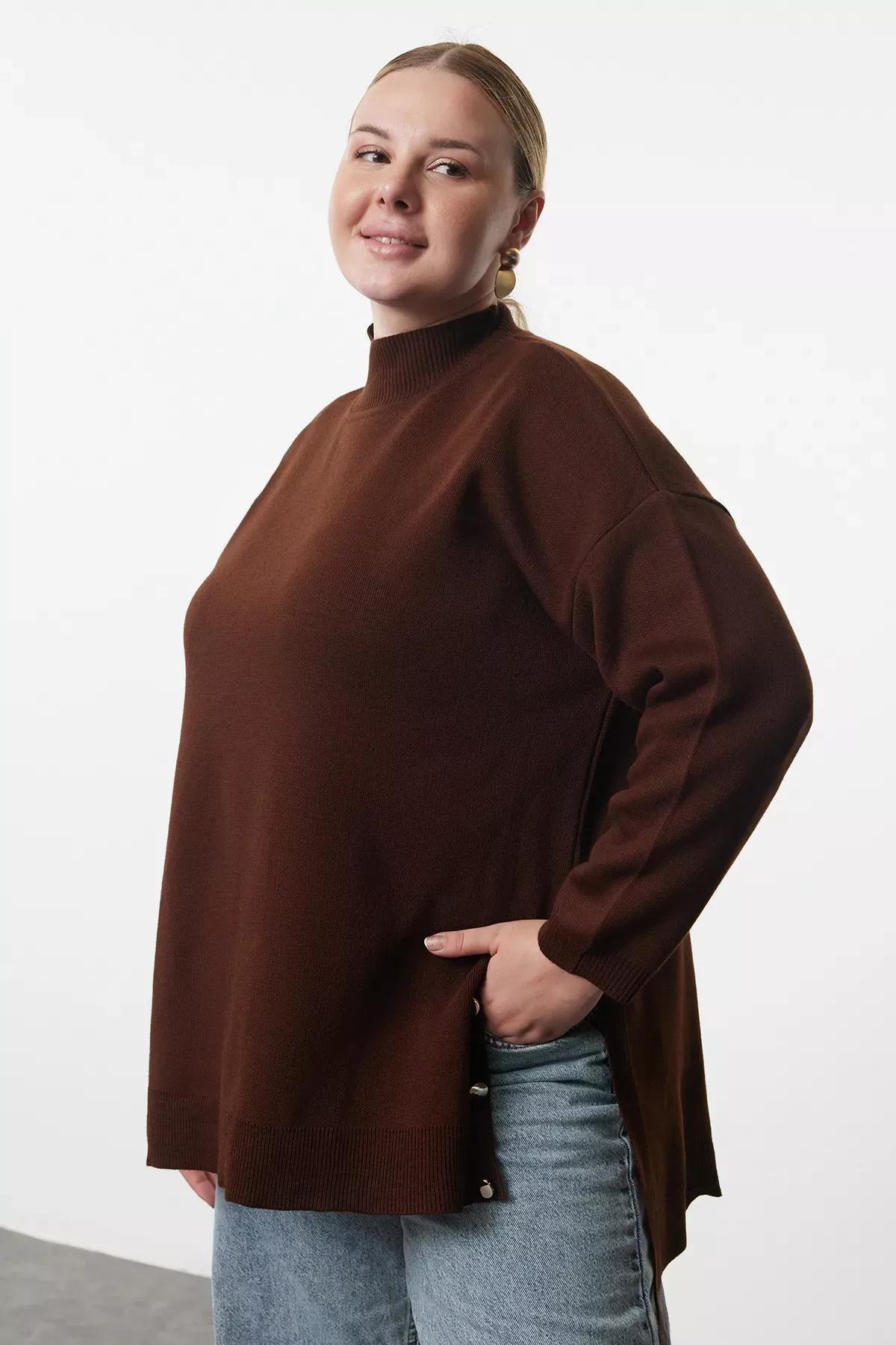 Brown Button Turtleneck Knit Sweater, , large image number 1