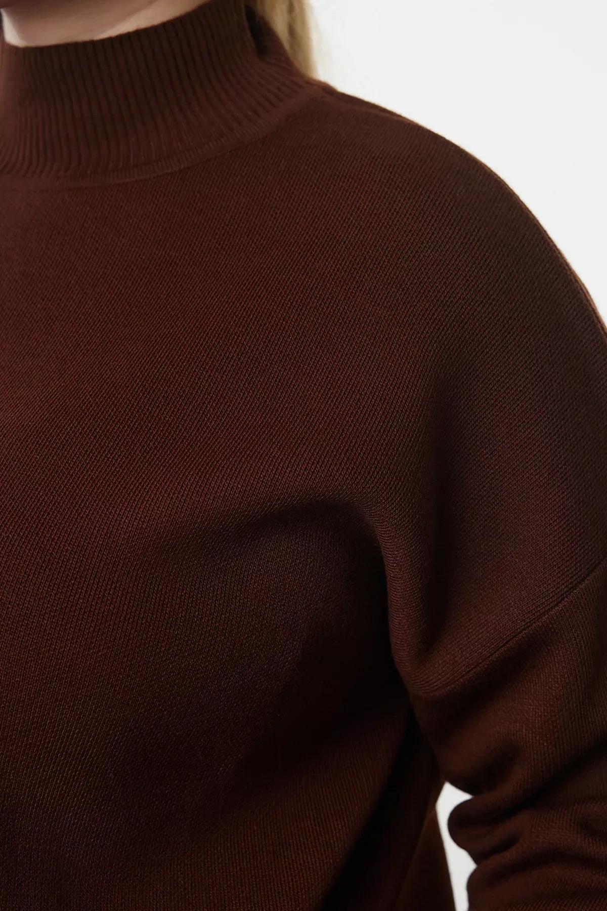 Brown Button Turtleneck Knit Sweater, , large image number 2