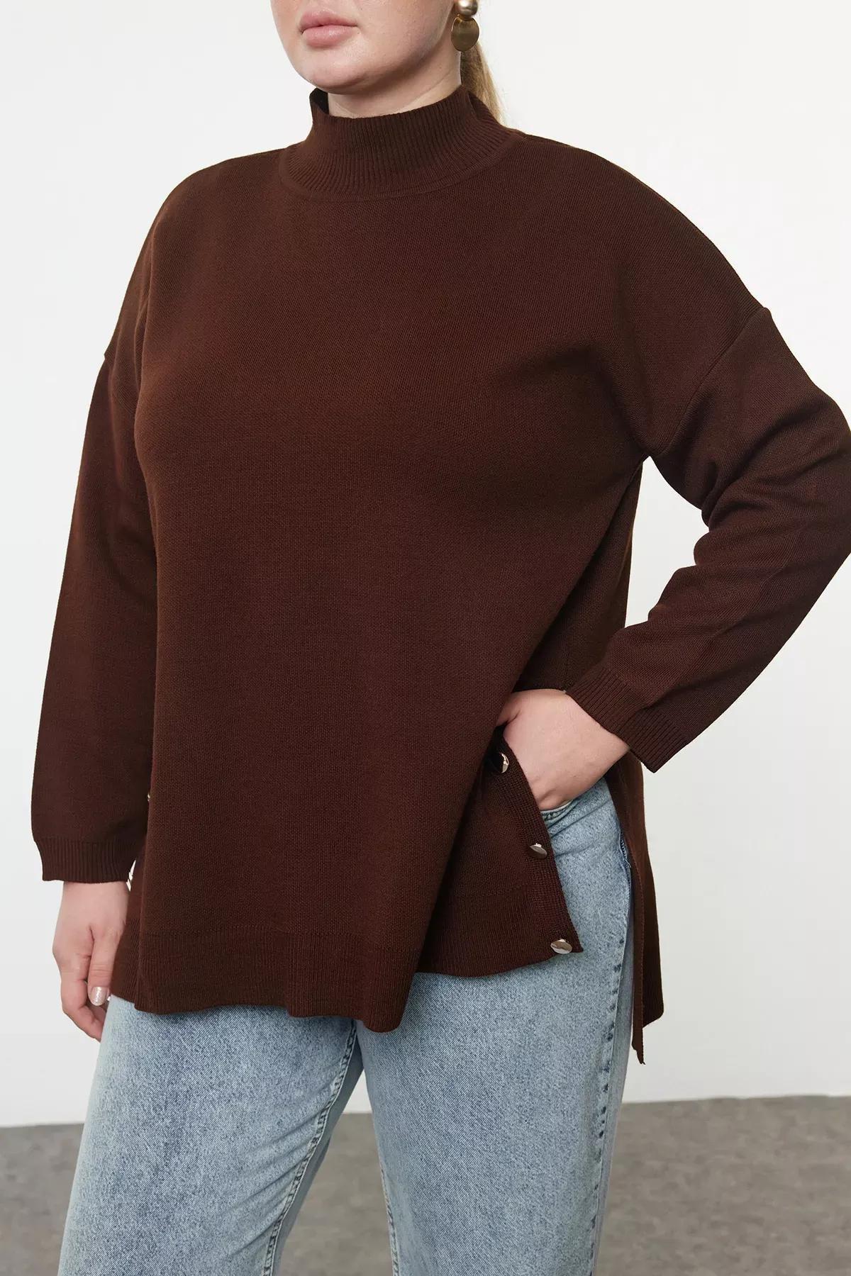 Brown Button Turtleneck Knit Sweater, , large image number 3