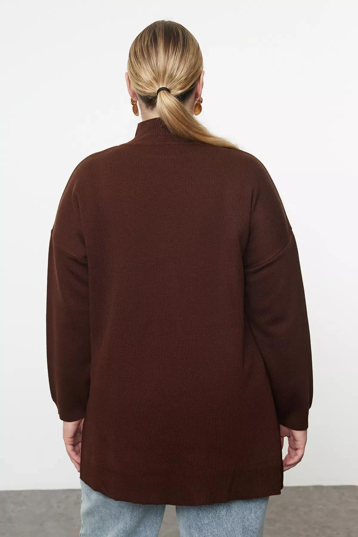 Brown Button Turtleneck Knit Sweater, , large image number 4