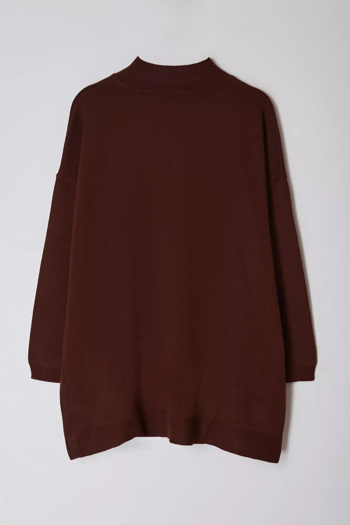 Brown Button Turtleneck Knit Sweater, , large image number 5