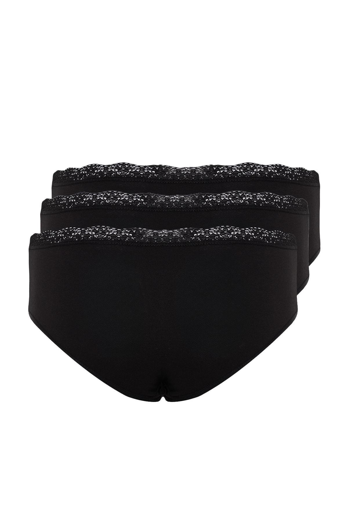 Black Cotton Lace Detail Hipster Panties , Set Of 3, , large image number 3
