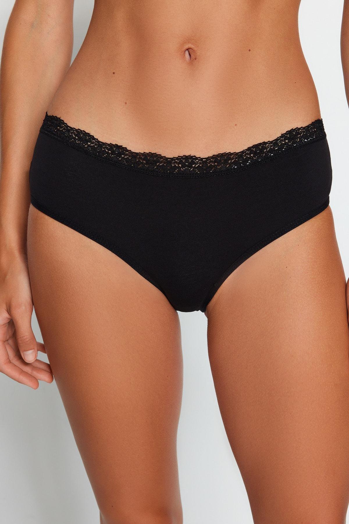 Black Cotton Lace Detail Hipster Panties , Set Of 3, , large image number 4