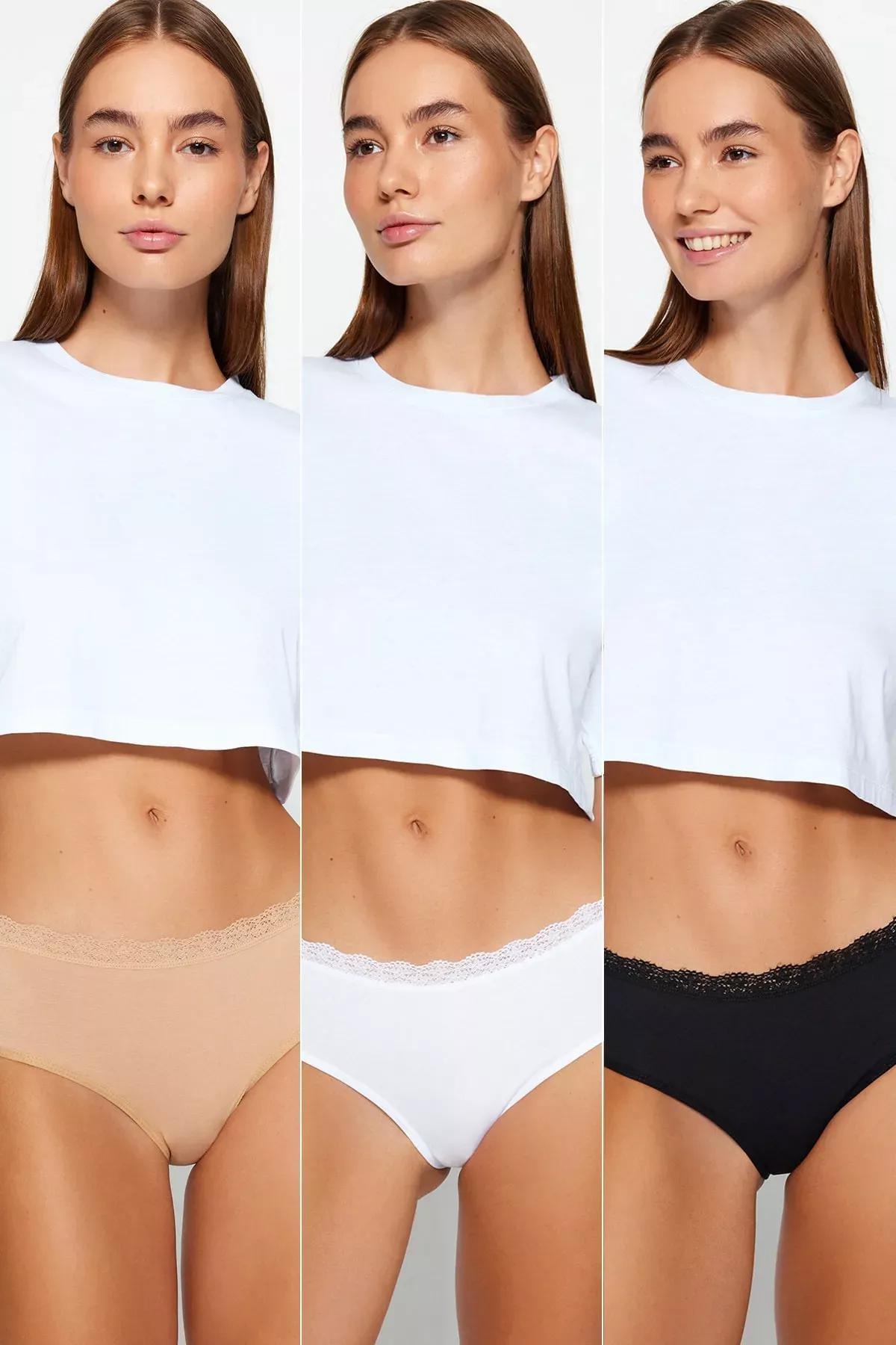 Multicolour Cotton Lace Detail Hipster Briefs, Set Of 3, Black-White-Skin, medium