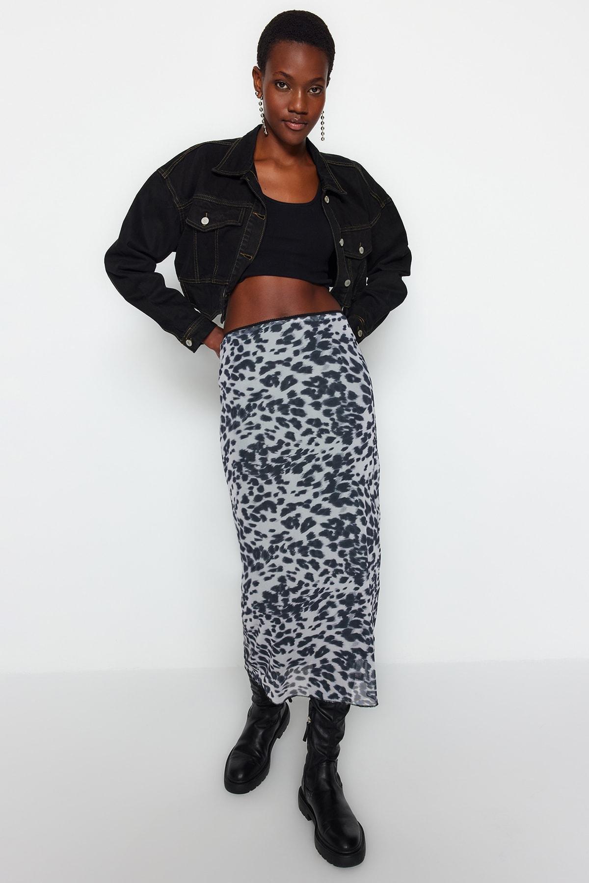 Trendyol - Black Printed Flexible Tulle Maxi Knitted Skirt
