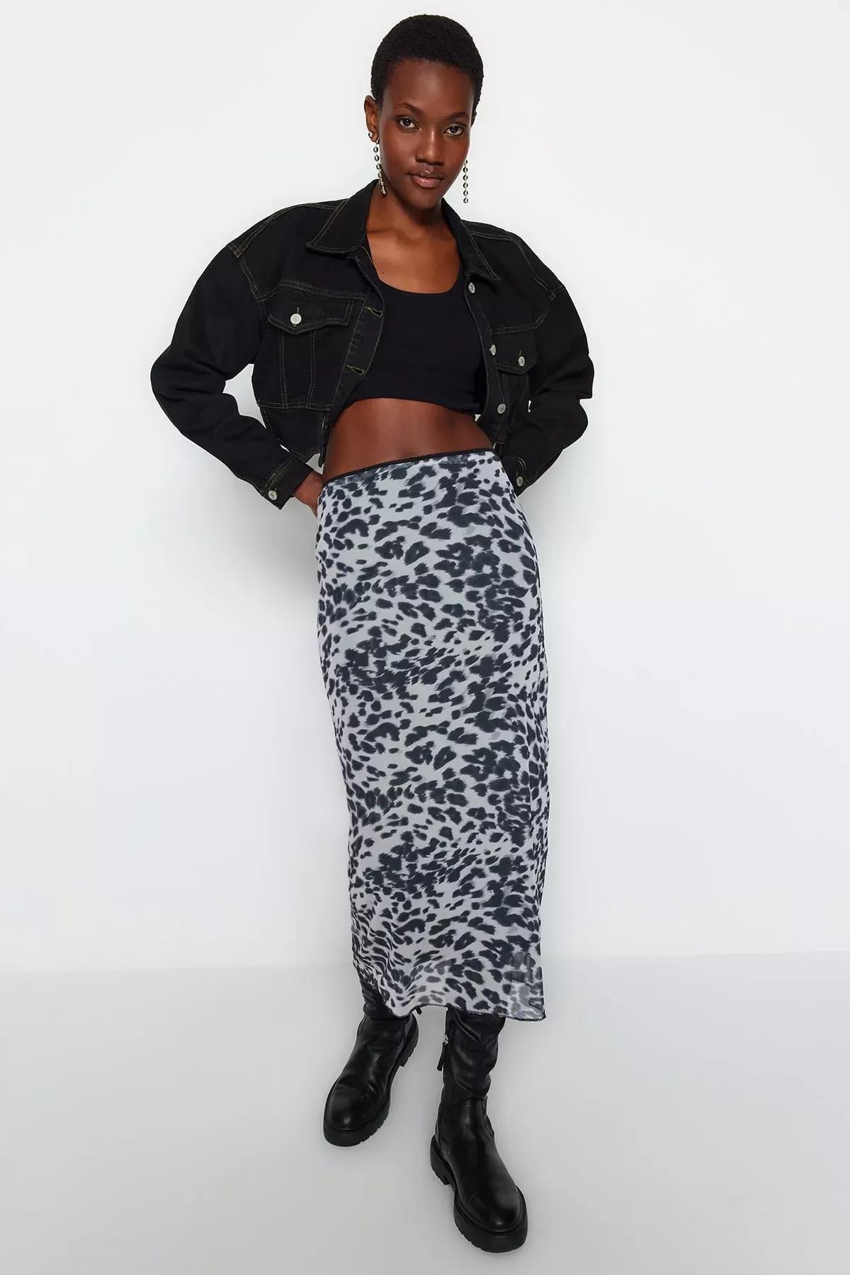 Black Printed Flexible Tulle Maxi Knitted Skirt, BLACK, large image number 0
