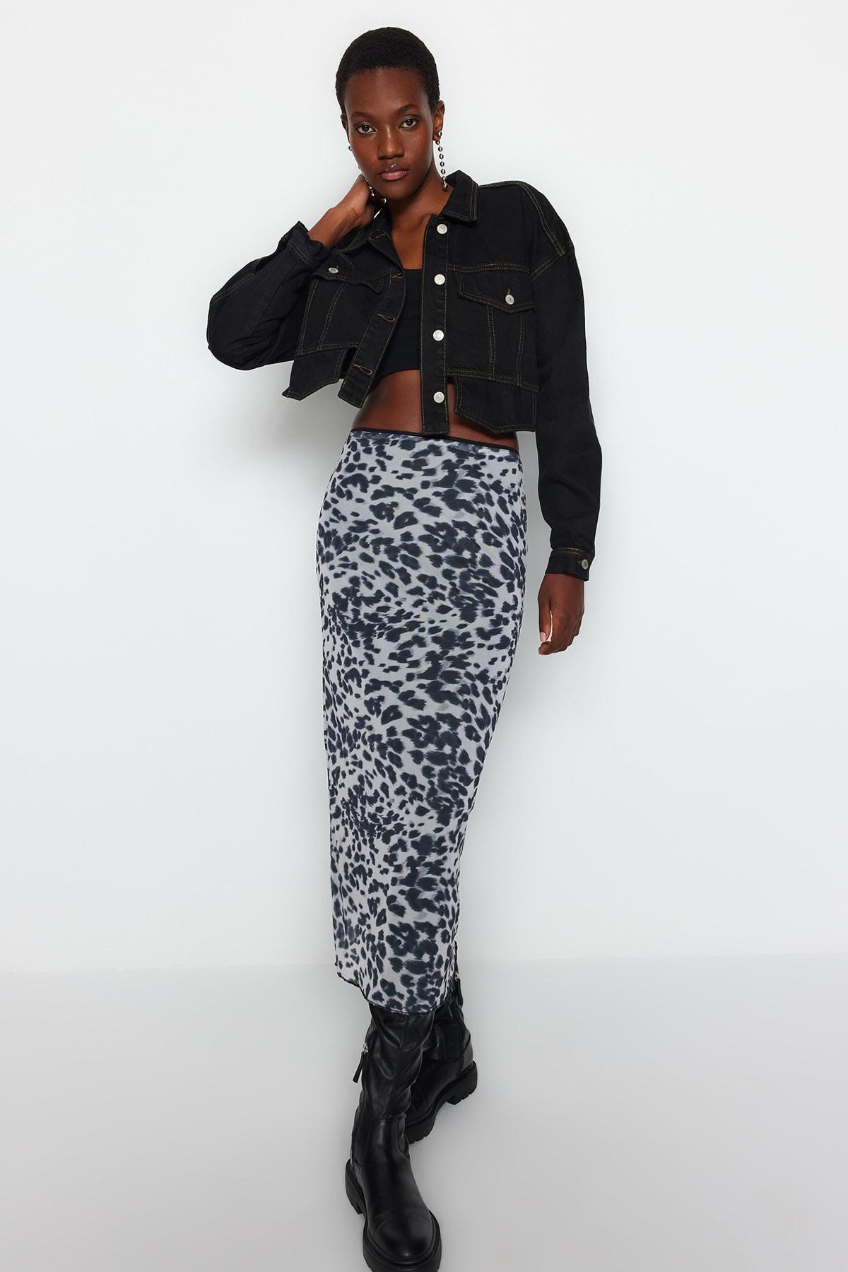 Black Printed Flexible Tulle Maxi Knitted Skirt, , large image number 1