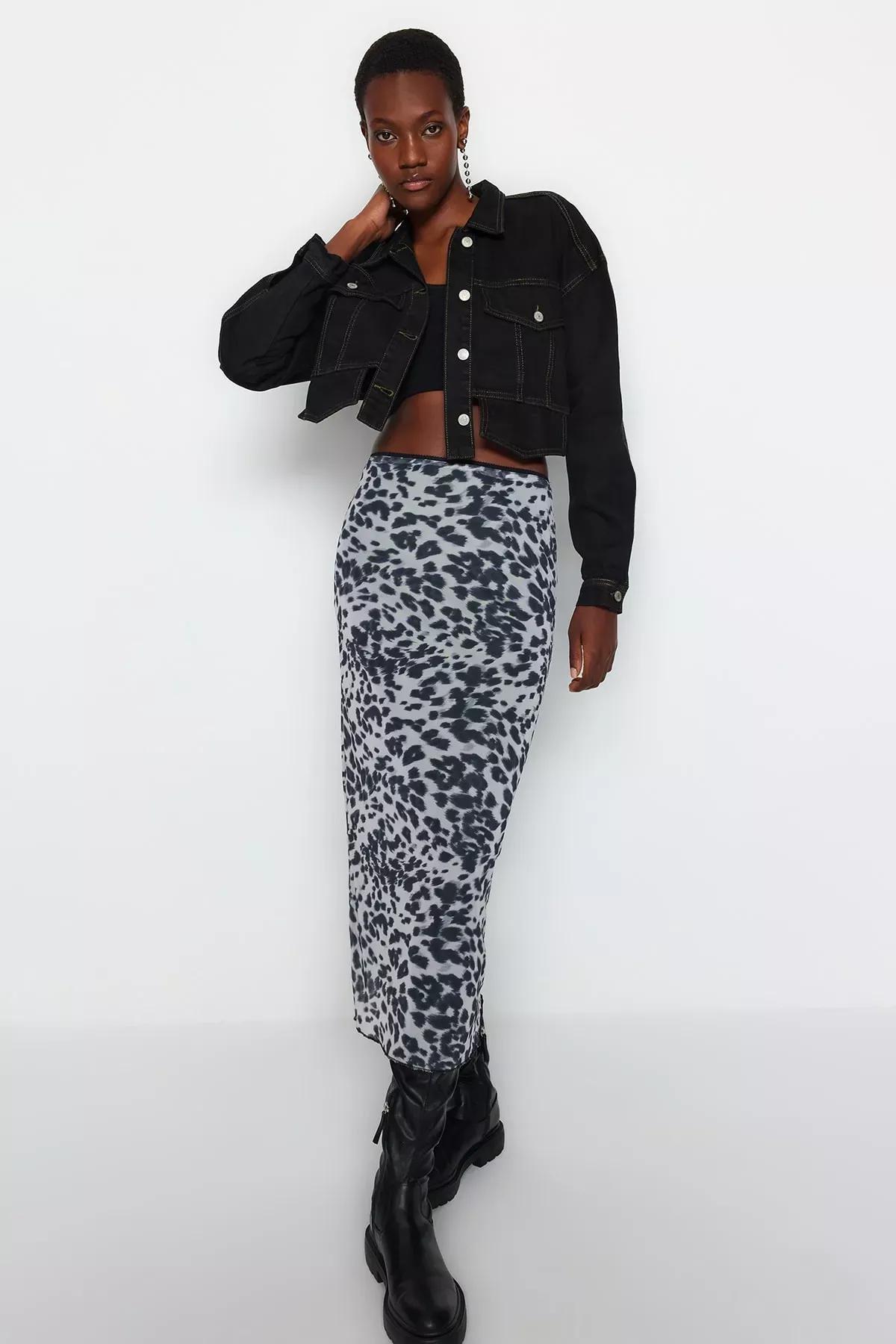 Black Printed Flexible Tulle Maxi Knitted Skirt, BLACK, large image number 1