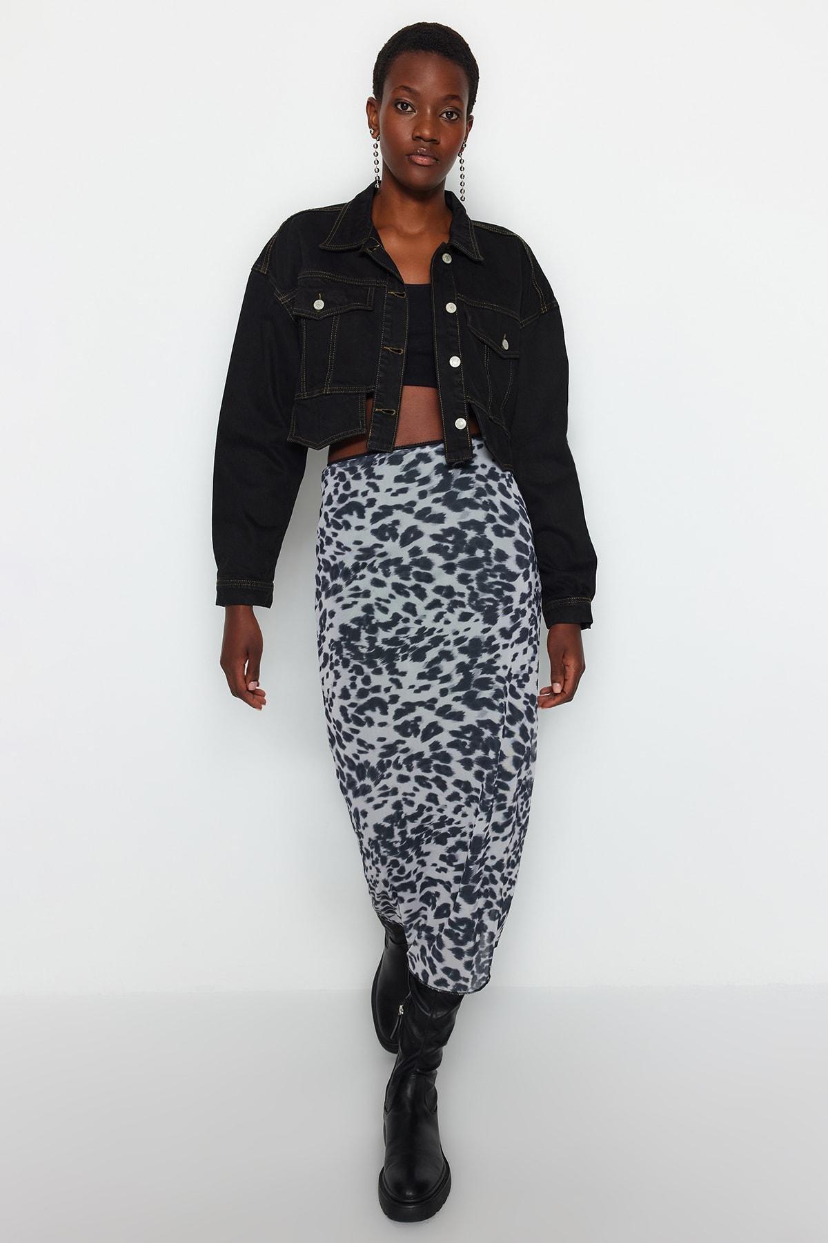 Trendyol - Black Printed Flexible Tulle Maxi Knitted Skirt