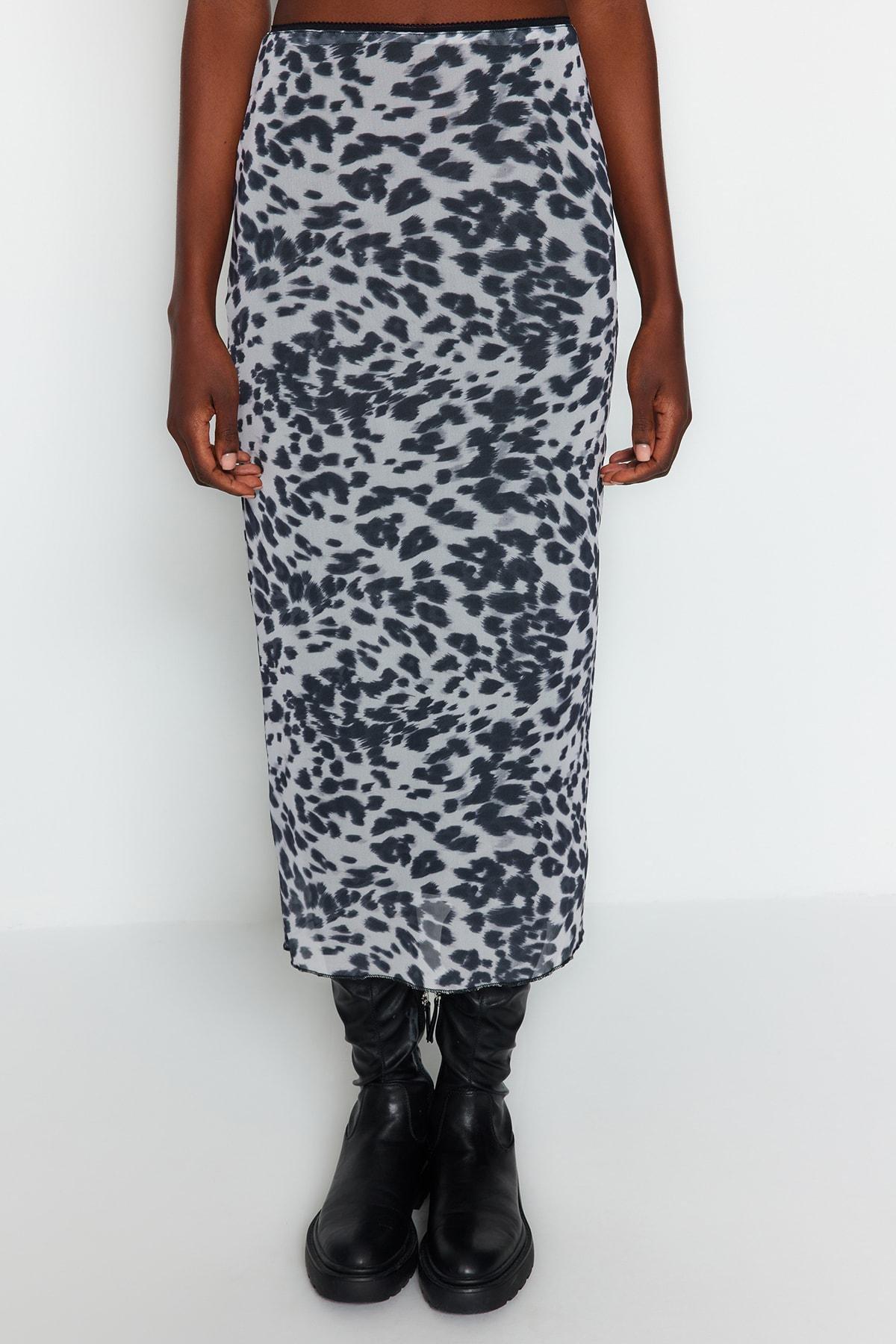 Trendyol - Black Printed Flexible Tulle Maxi Knitted Skirt
