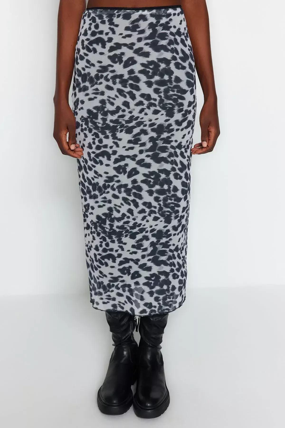 Black Printed Flexible Tulle Maxi Knitted Skirt, BLACK, large image number 3
