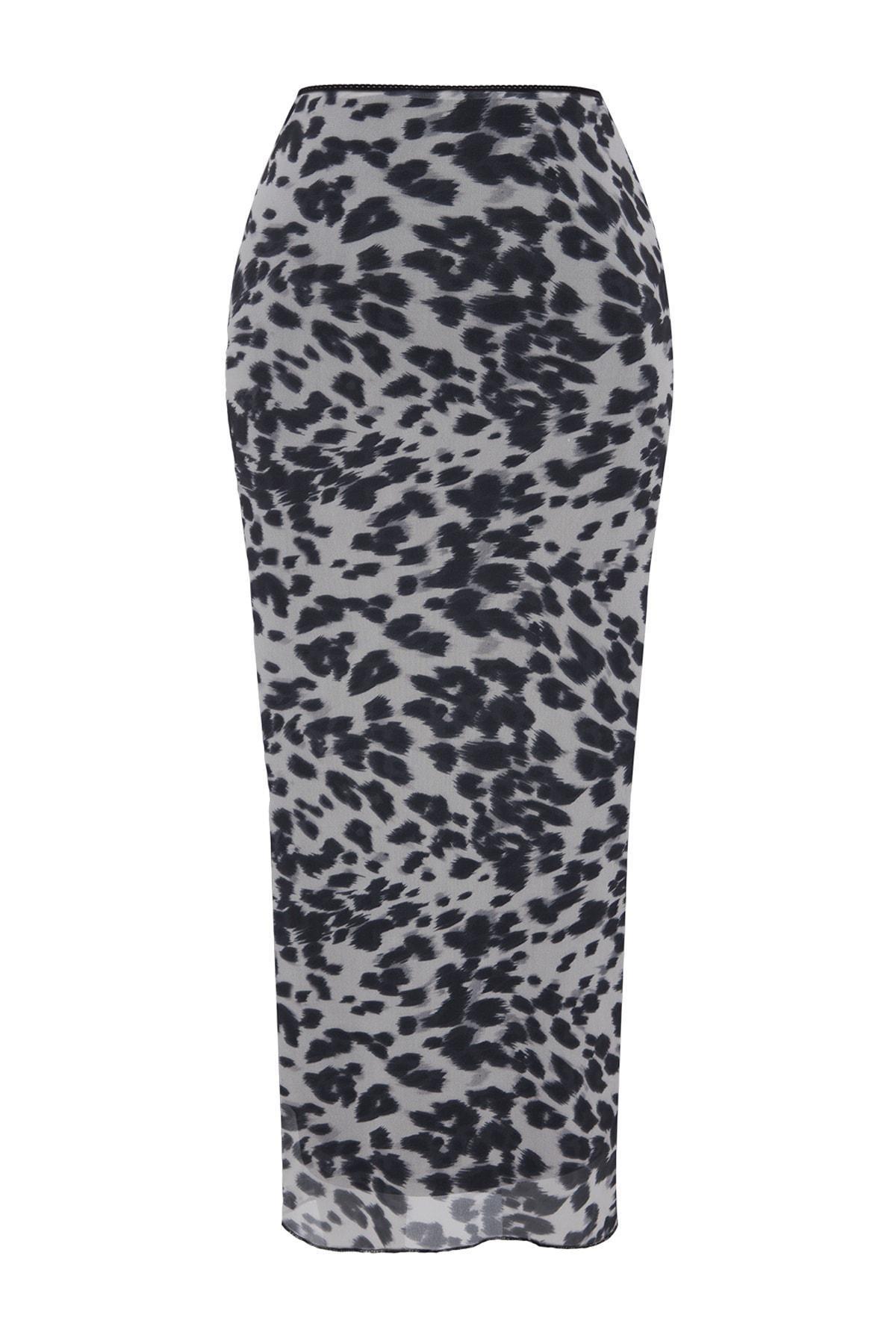 Black Printed Flexible Tulle Maxi Knitted Skirt, , large image number 5