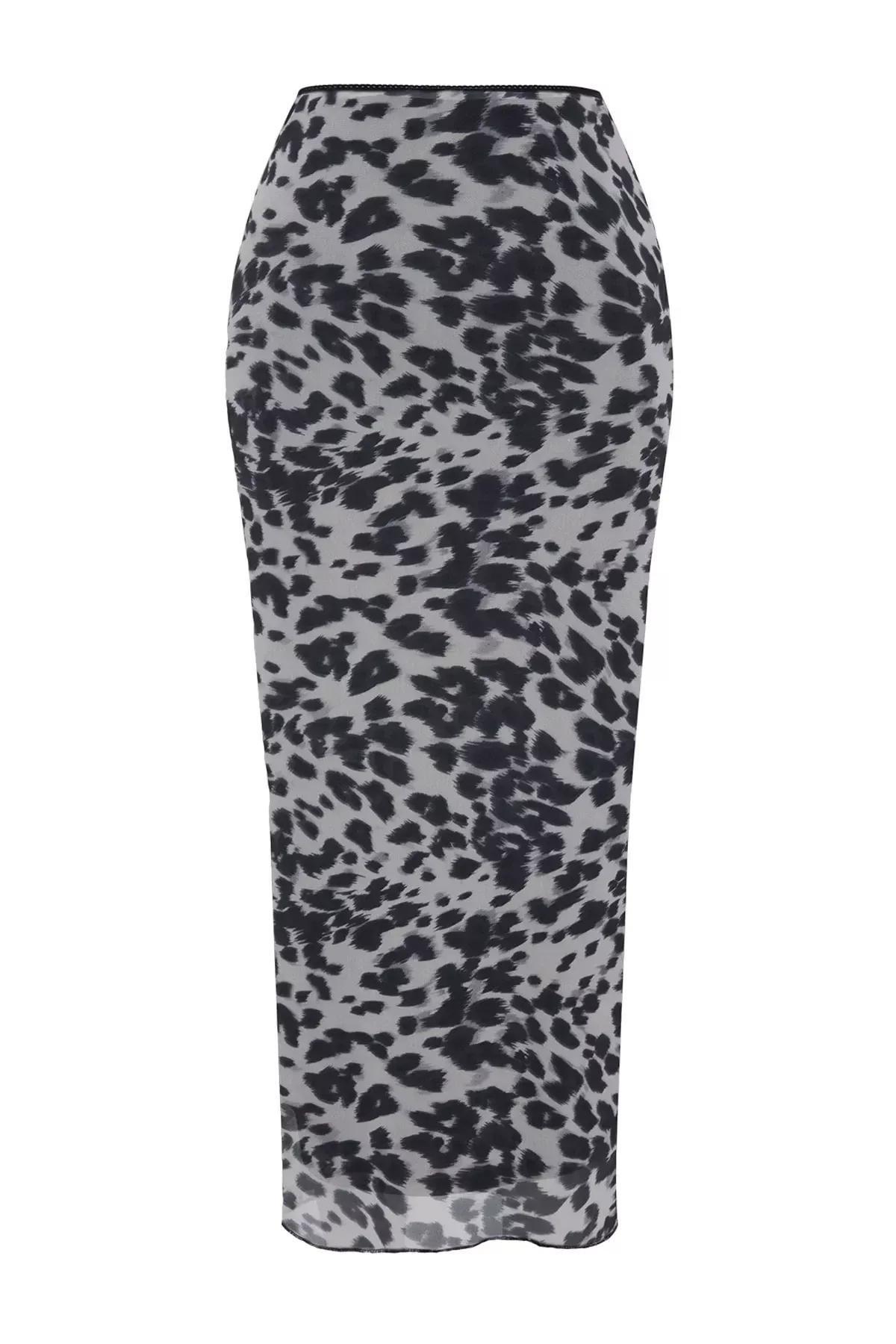 Black Printed Flexible Tulle Maxi Knitted Skirt, BLACK, large image number 5