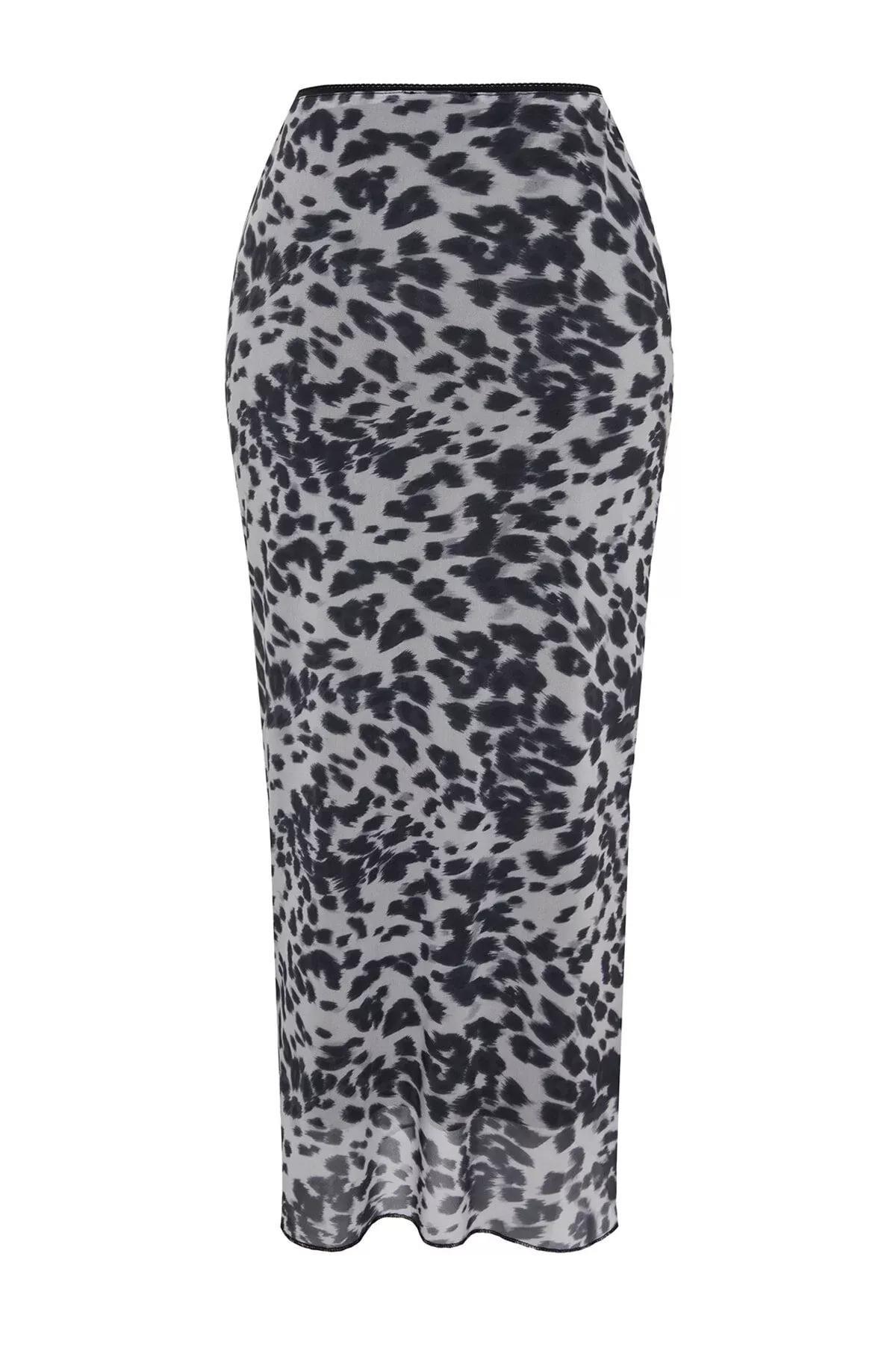 Black Printed Flexible Tulle Maxi Knitted Skirt, BLACK, large image number 7