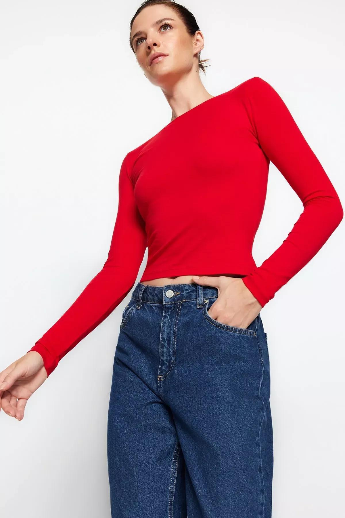 بلوزة بقصة سليم فت، أحمر, Red, large image number 2