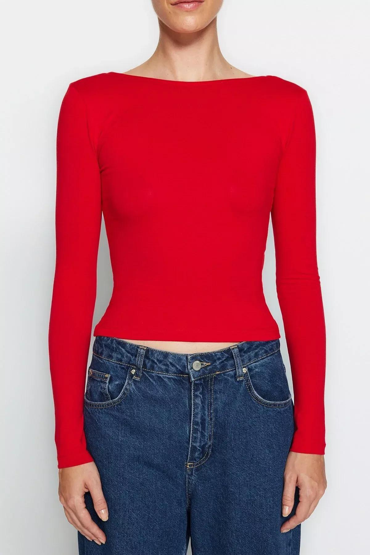 بلوزة بقصة سليم فت، أحمر, Red, large image number 3