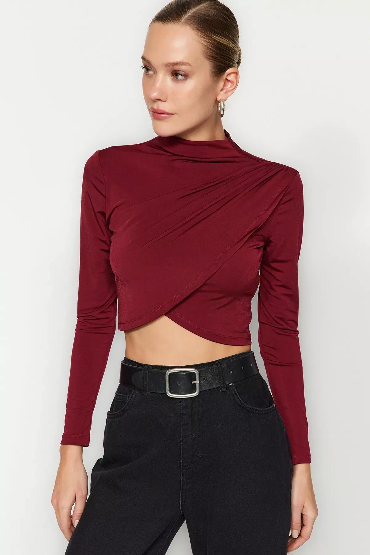 Burgundy High Neck Draped Crop Blouse, Burgundy, medium