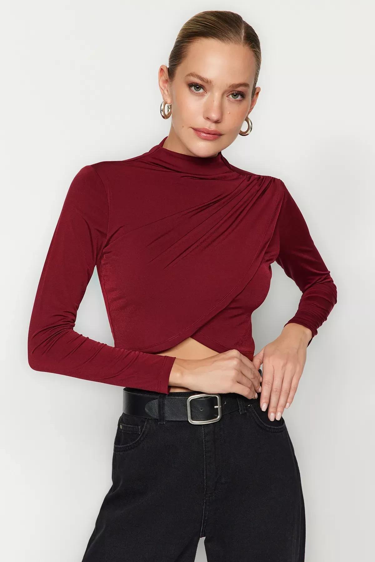 Burgundy High Neck Draped Crop Blouse, Burgundy, medium