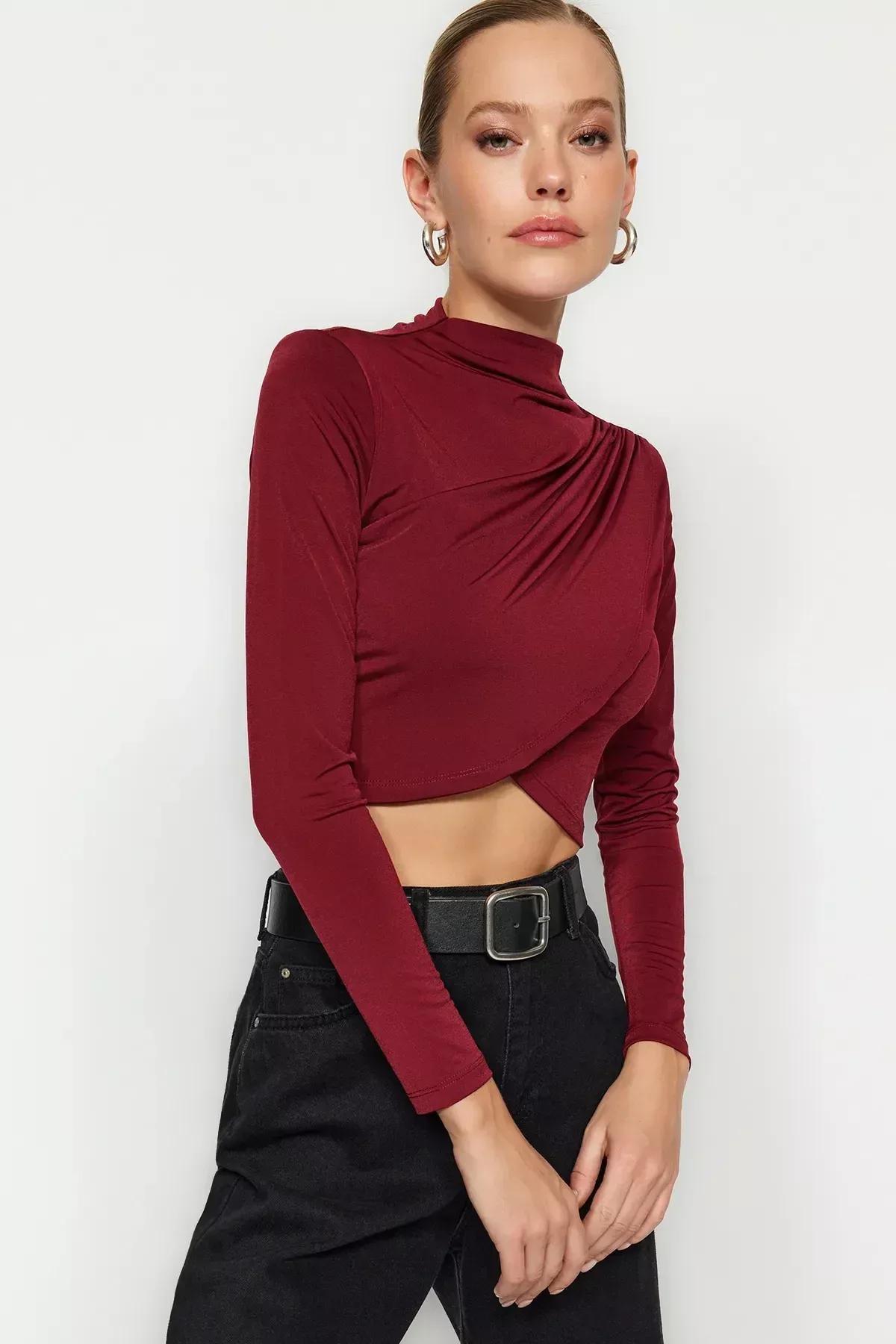 Burgundy High Neck Draped Crop Blouse, Burgundy, large image number 2