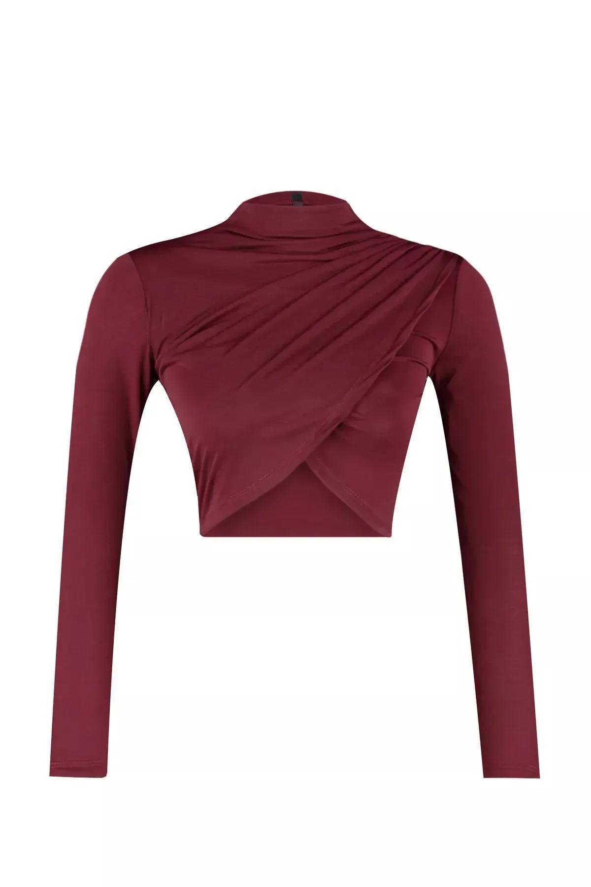 Burgundy High Neck Draped Crop Blouse, Burgundy, large image number 4
