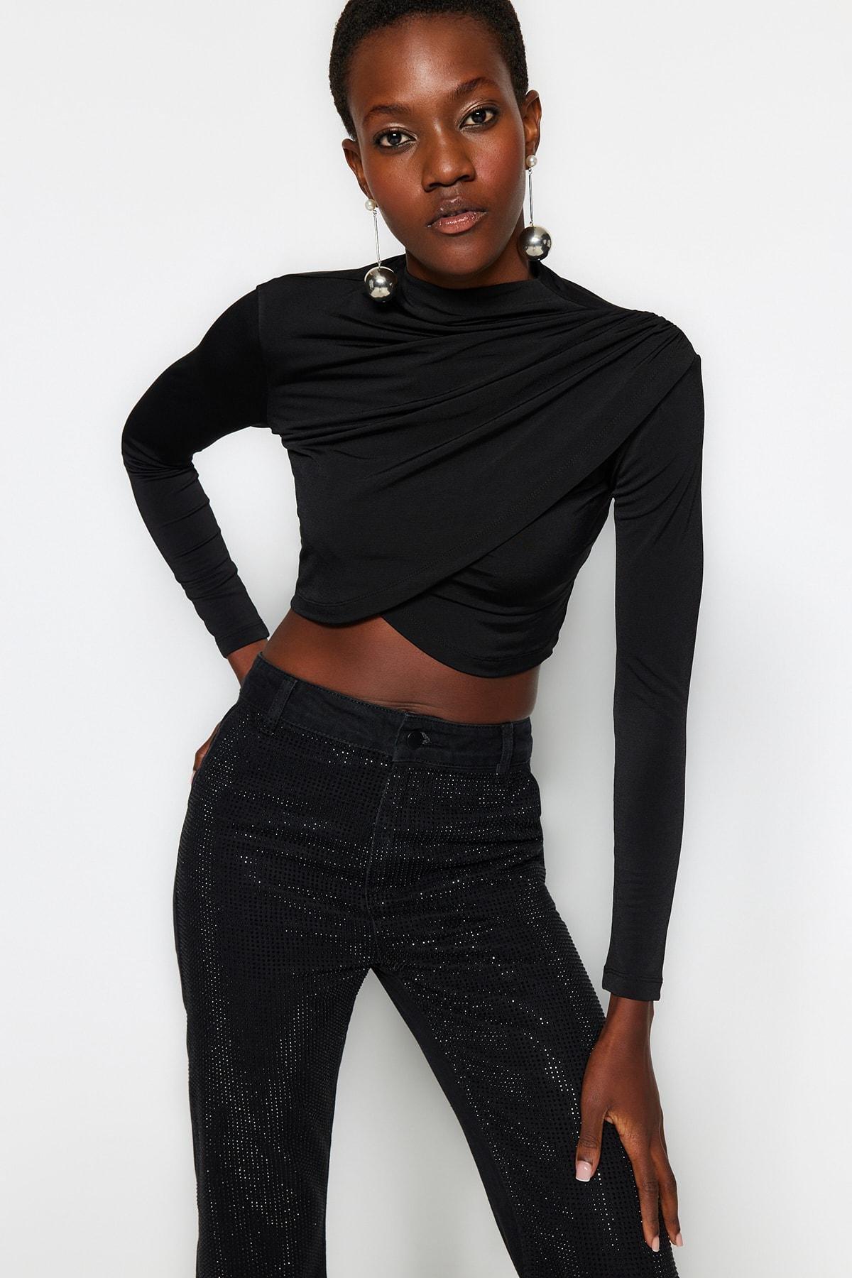 Black Stand-Up Collar Crop Blouse, , large image number 0